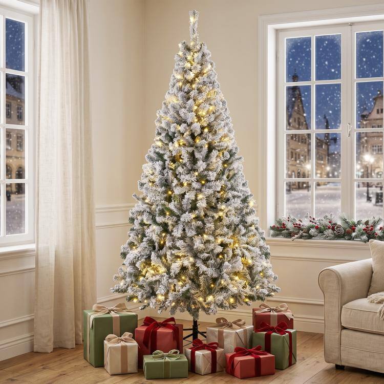 Alt View 9. PULUZ - 6ft Flocked Prelit Christmas Tree, Fraser Fir, Hinged Xmas Tree - White and Green.