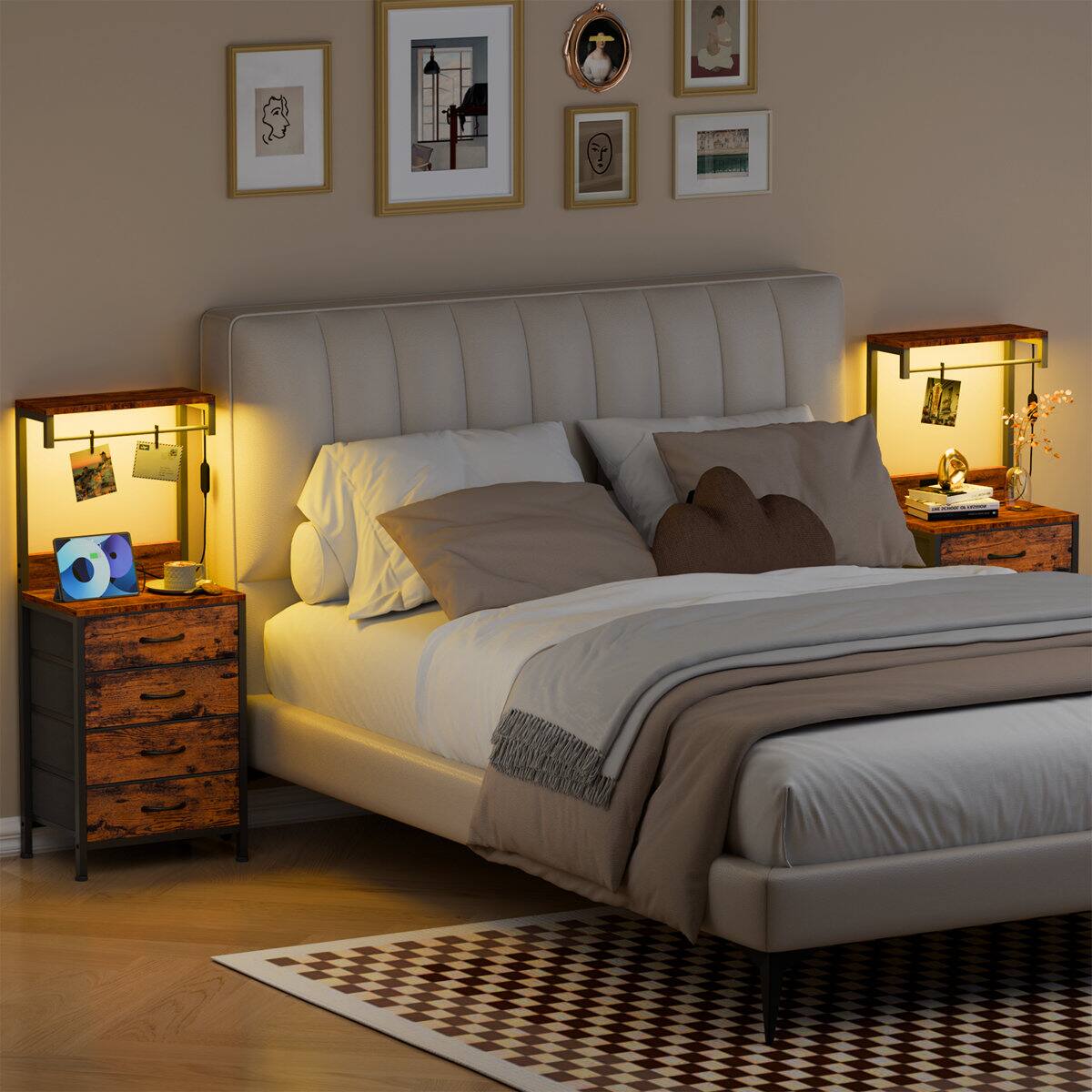Alt View 6. Furnulem - Nightstands with 4 Drawer  Outlets Bedside Tables with 2 USB Ports  2Tier Open Shelf - Brown.