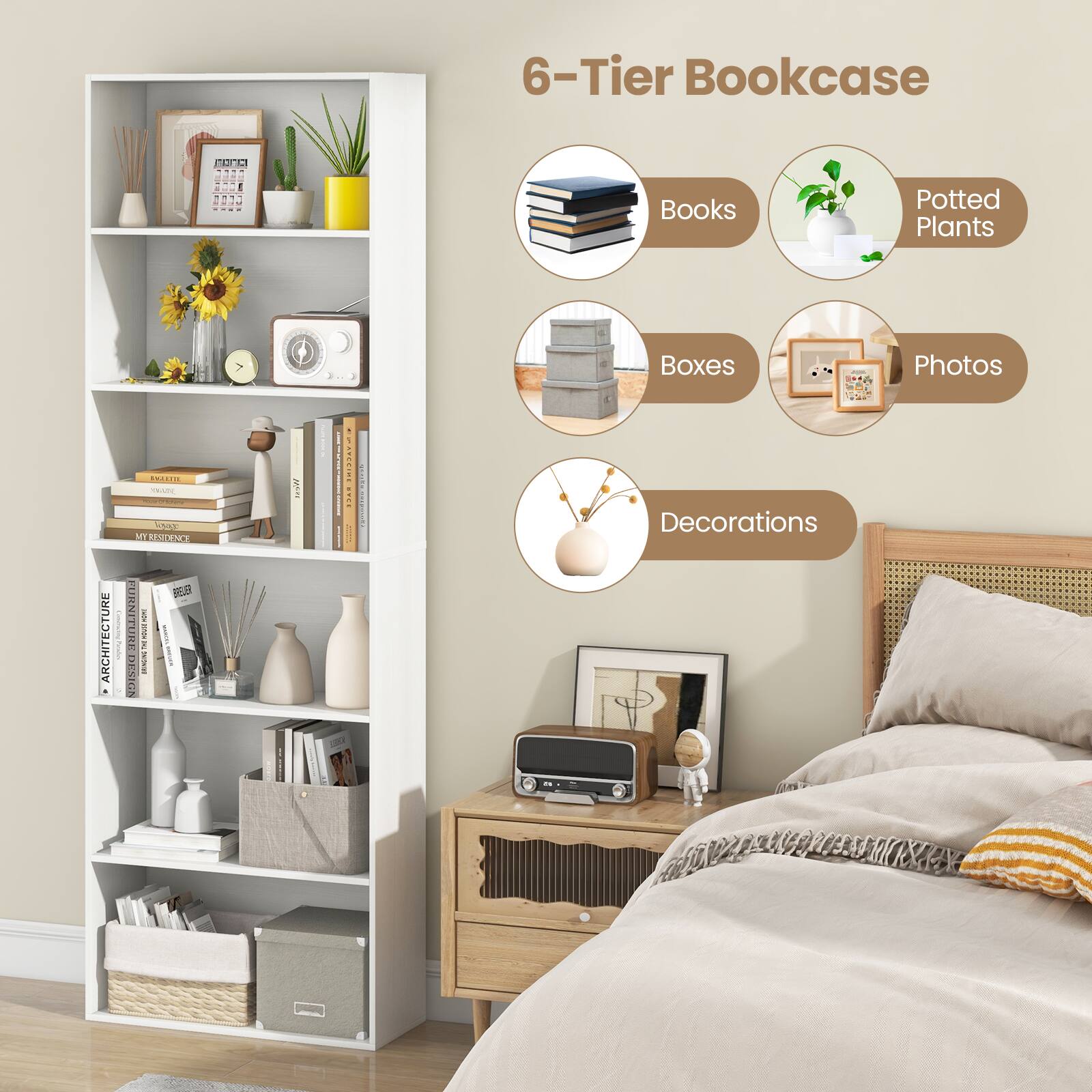 6-Tier Bookcase

- Books
- Potted Plants
- Boxes
- Photos
- Decorations