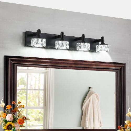 Alt View 3. LUCKY ONE - 4-Light Matte Black LED Vanity Light, Crystal Glass Shades Bathroom Wall Sconce for Mirror - Black.