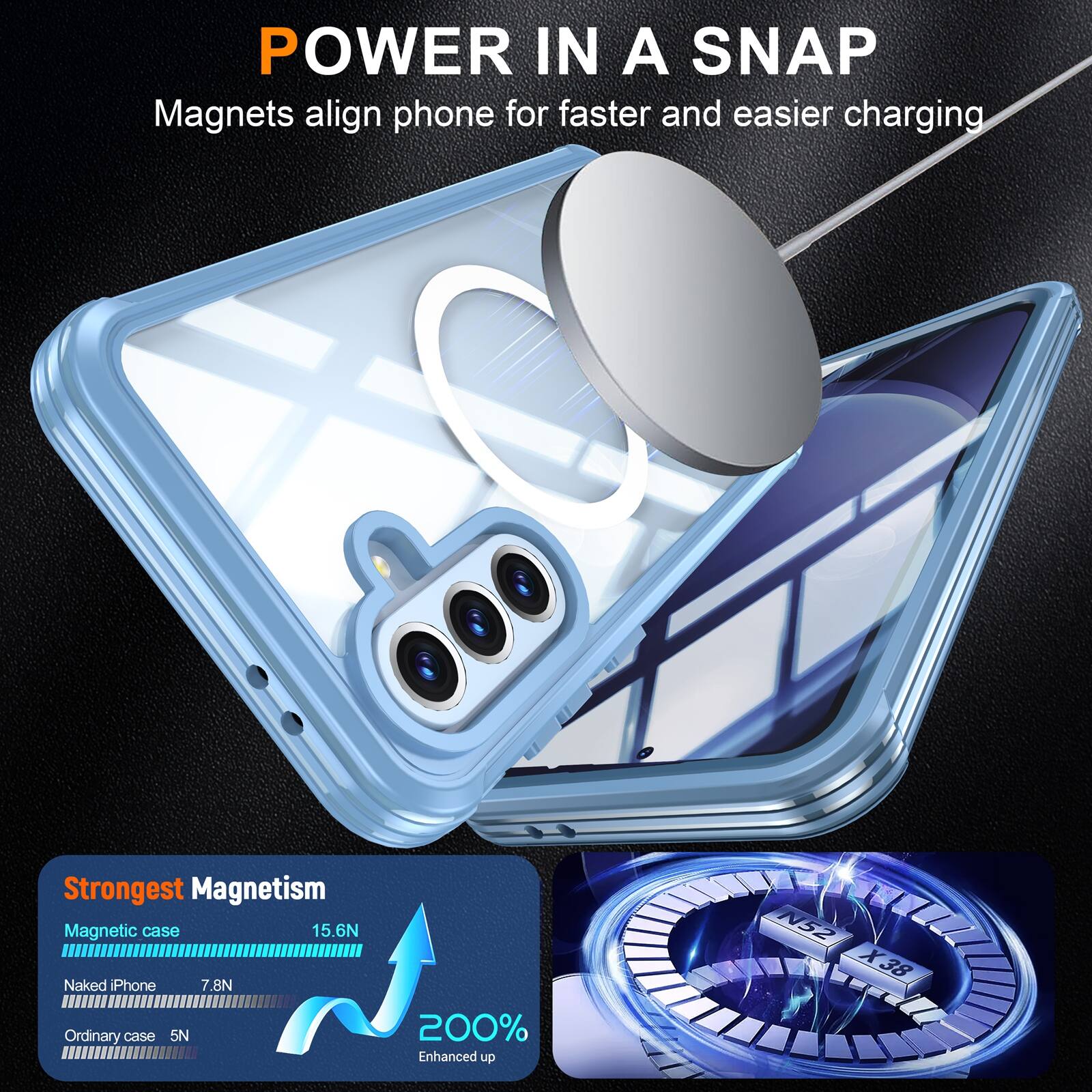 POWER IN A SNAP  
Magnets align phone for faster and easier charging  

Strongest Magnetism  
Magnetic case 15.6N  
Naked iPhone 7.8N  
Ordinary case 5N  

200% Enhanced up  
N52 X38
