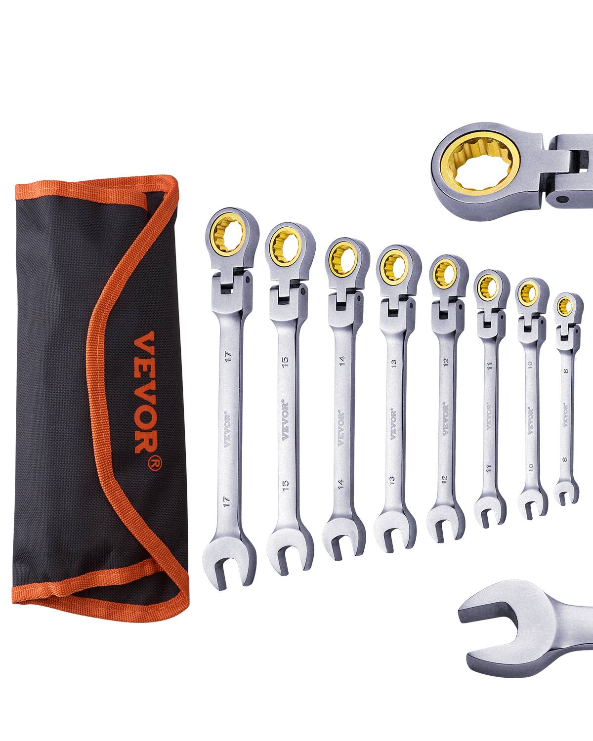 VEVOR - Flex-Head Ratcheting Wrench Set, 8-piece Combination Wrench Set with Roll-up Pouch, Cr-V Steel Flexible Ratcheting - Silver