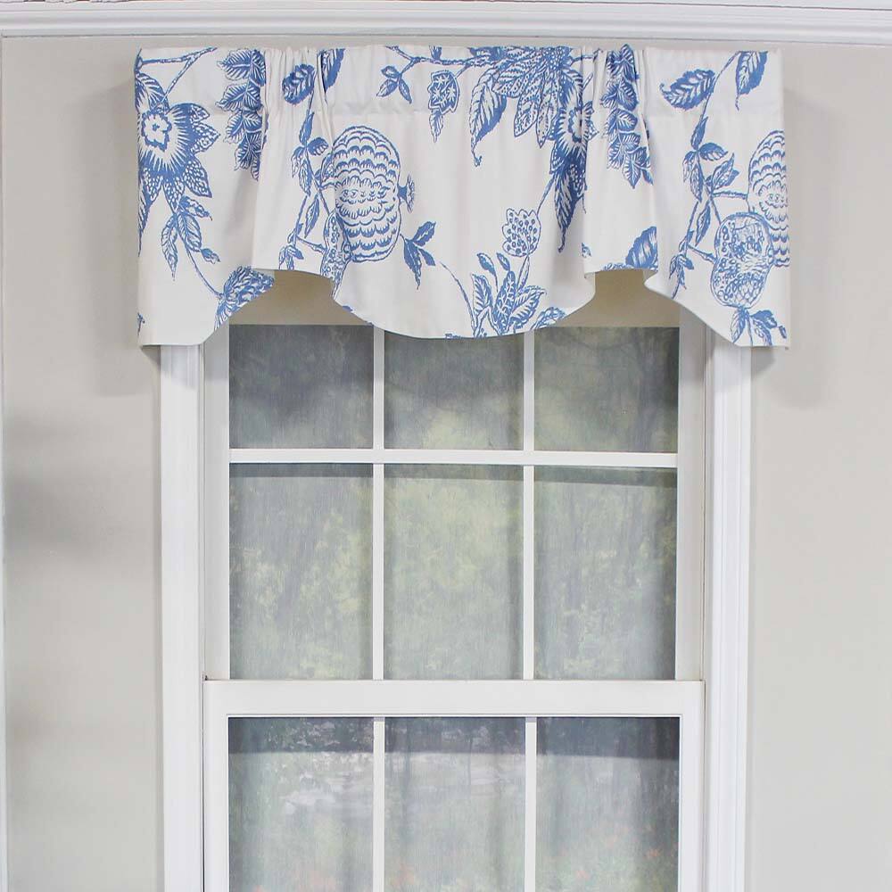 Angle. RLF Home - RLF Home Natalie Bell Floral Print Extra Wide Window Treatment Valance 3" Rod Pocket 65" x 16" Cyan Blue - Cyan blue white.