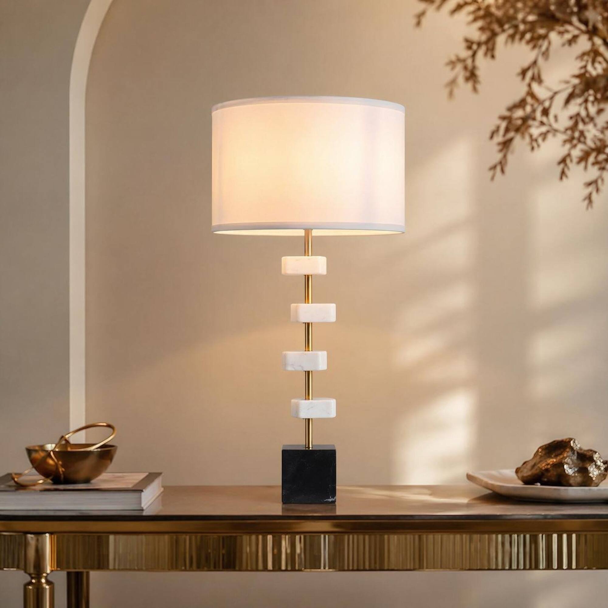 Left. RYHNUYNE - White Marble Table Lamp with Brass Frame and Round Base, Fabric Drum Shade with Brass Finial, 15D x 30H Inches - Black White.