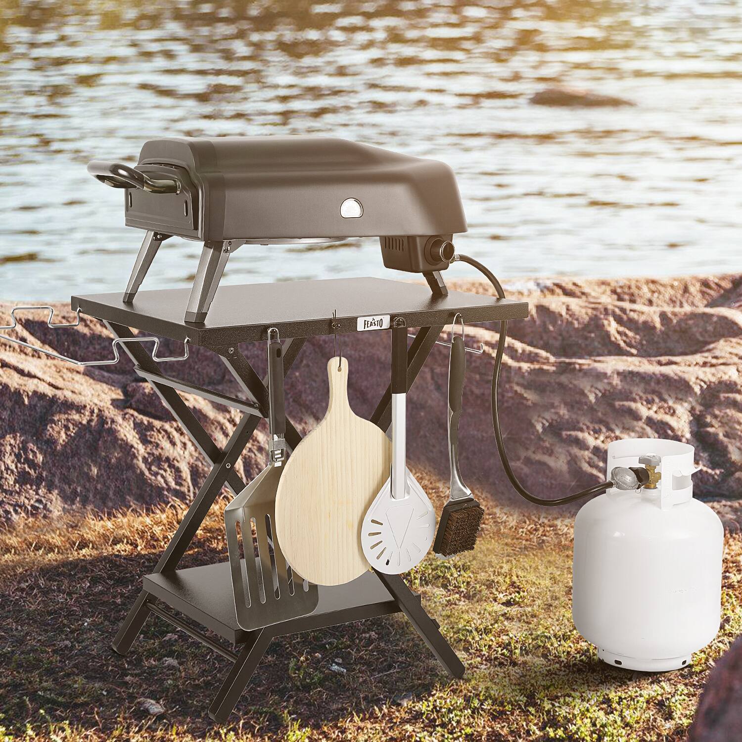 Back. FEASTO - 24" x 30" Large Portable Folding Grill Stand Table - Black.