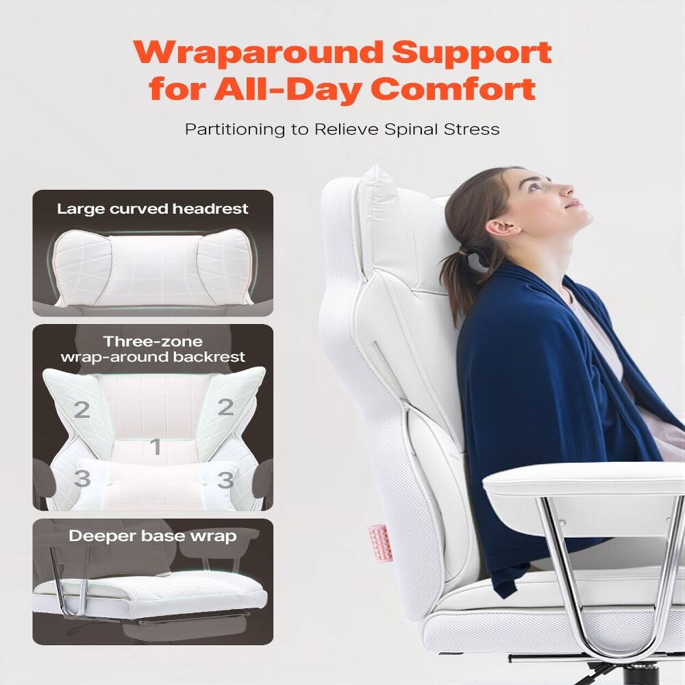 Wraparound Support for All-Day Comfort  
Partitioning to Relieve Spinal Stress  

- Large curved headrest  
- Three-zone wrap-around backrest  
- Deeper base wrap