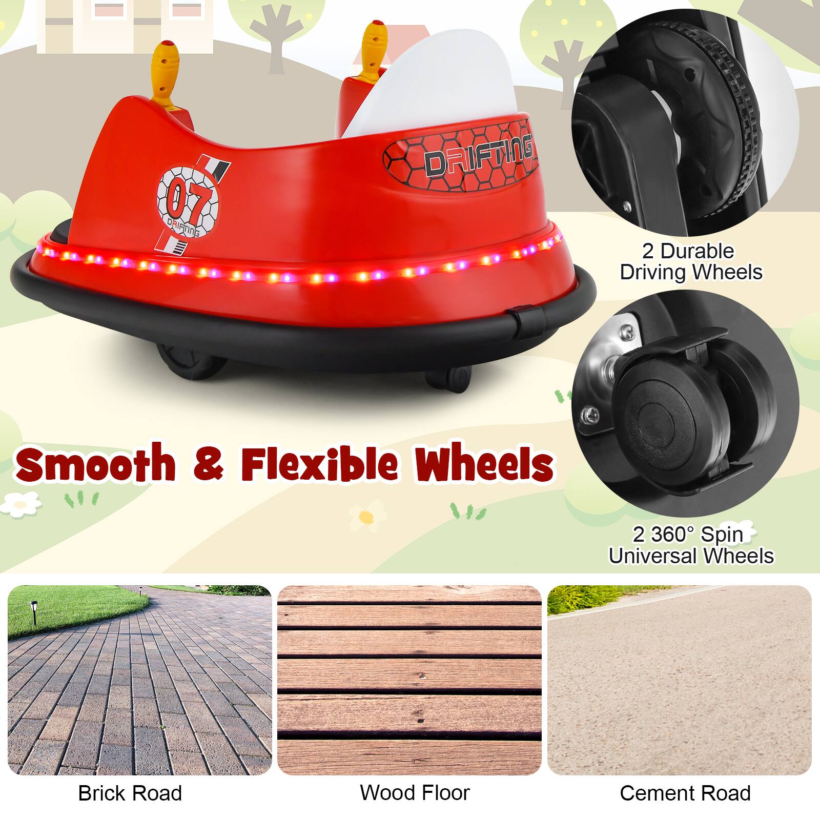 07 CiPnng VTN DRIFTING, 2 Durable Driving Wheels, Smooth & Flexible Wheels, 2 360 Spin Universal Wheels, Brick Road, Wood Floor, Cement Road