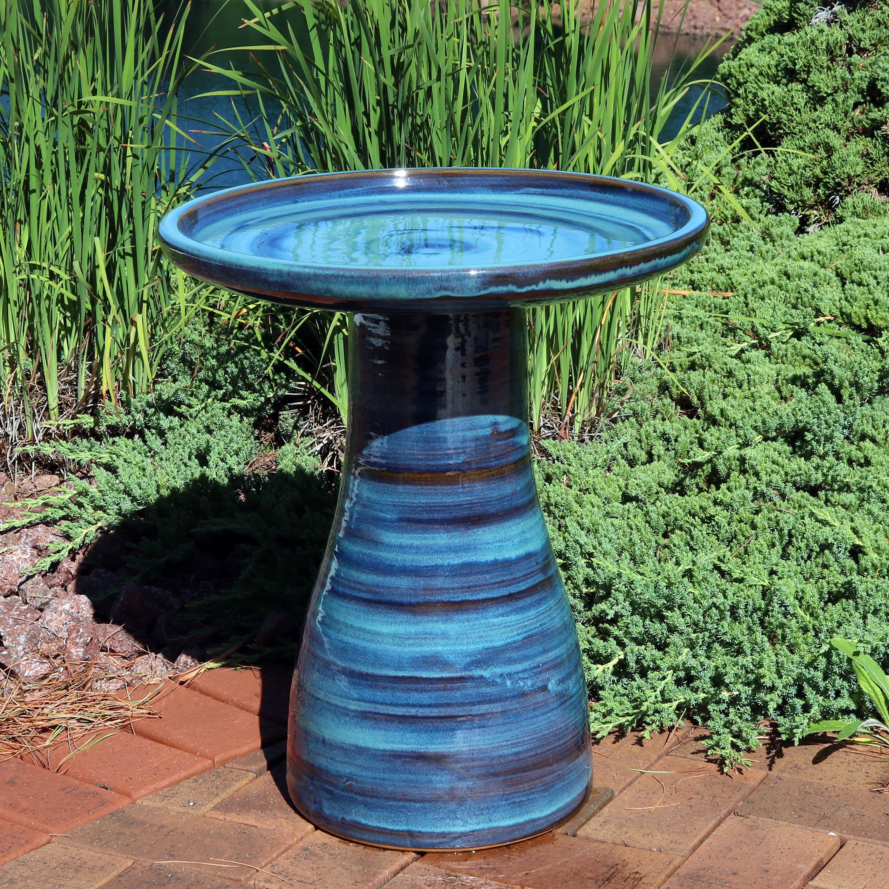 Alt View 5. Sunnydaze - Elegant Glazed Ceramic Bird Bath - 20.5 in - Galaxy Blue.