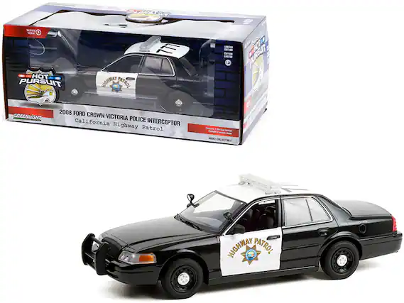 Sure, here is the corrected and grouped text from the image:
---
**Series 3**
**Hot Pursuit**
**Highway Patrol**
**2008 Ford Crown Victoria Police Interceptor**
**California Highway Patrol**
**Greenlight**
**Collectible**
**Limited Edition**
**1:24**
**Hot Pursuit**
**Highway Patrol**
**California Highway Patrol**
**Collectible**
**Adult Collectible**
---
This text is organized based on the visible elements on the packaging and the toy car.