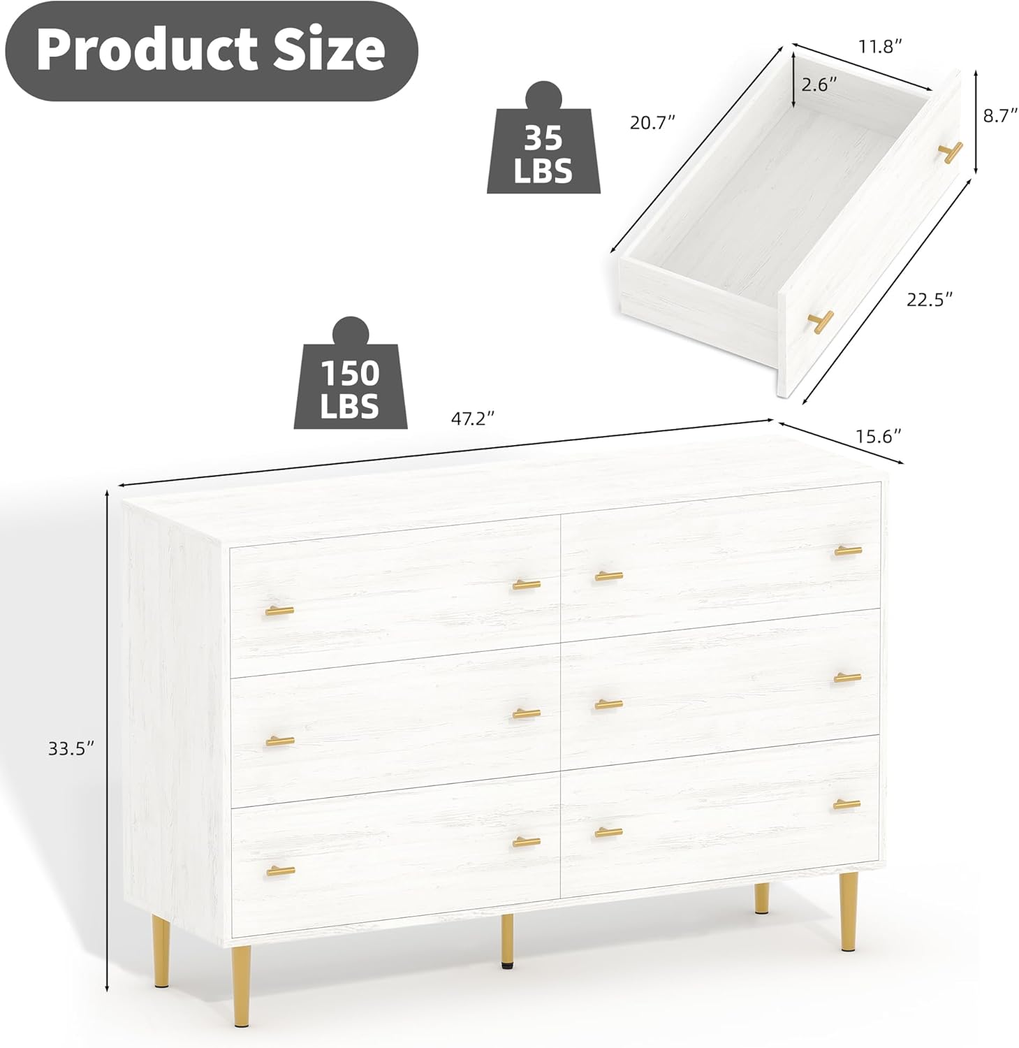 Product Size

35 LBS
- 20.7" (width)
- 11.8" (depth)
- 2.6" (height)
- 8.7" (height of drawer)
- 22.5" (length of drawer)

150 LBS
- 47.2" (height)
- 15.6" (depth)
- 33.5" (length)
