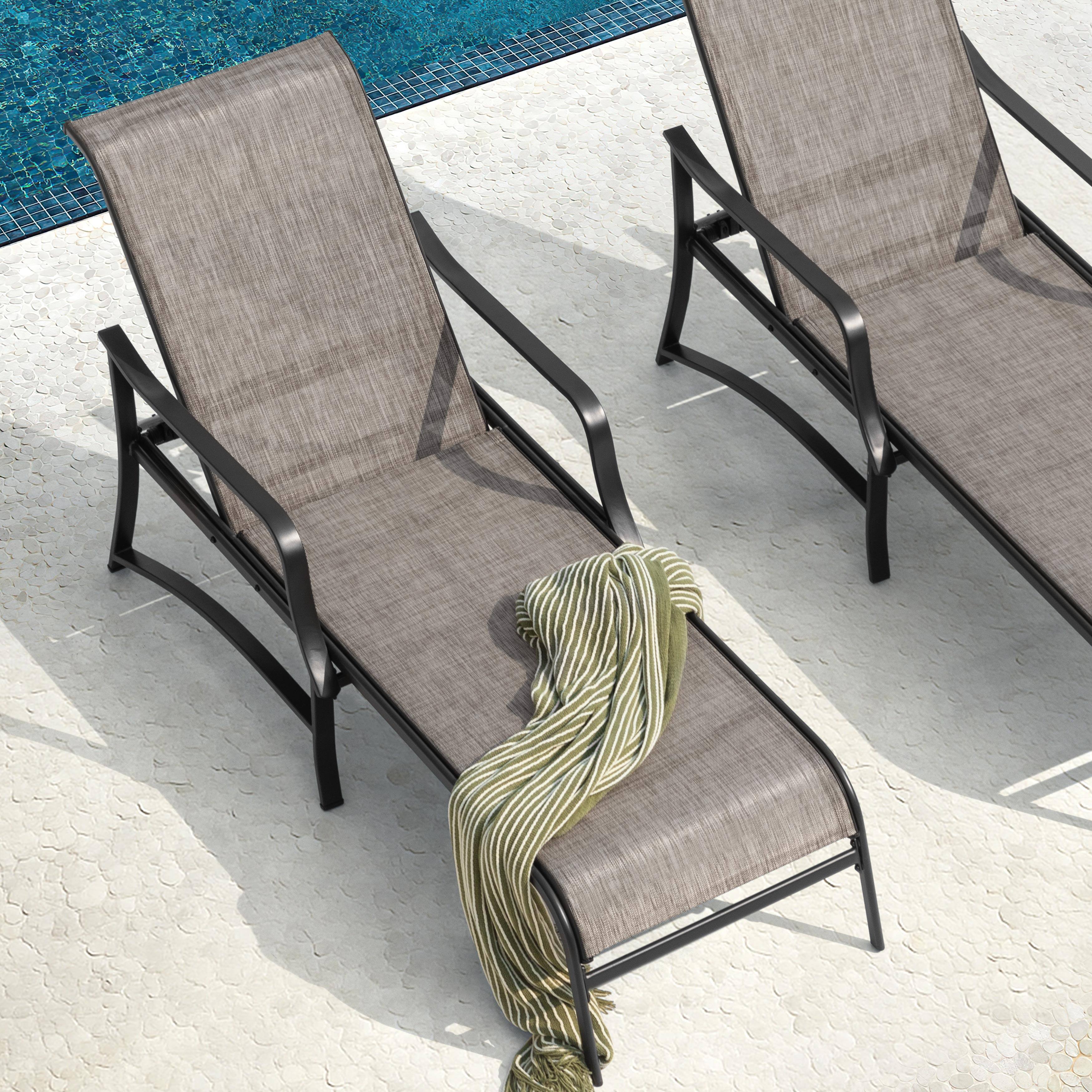 Left. Nuu Garden - Outdoor Textilene Metal Lounge Chairs Set of 2, 5-Level Adjustable Backrest - Brown.