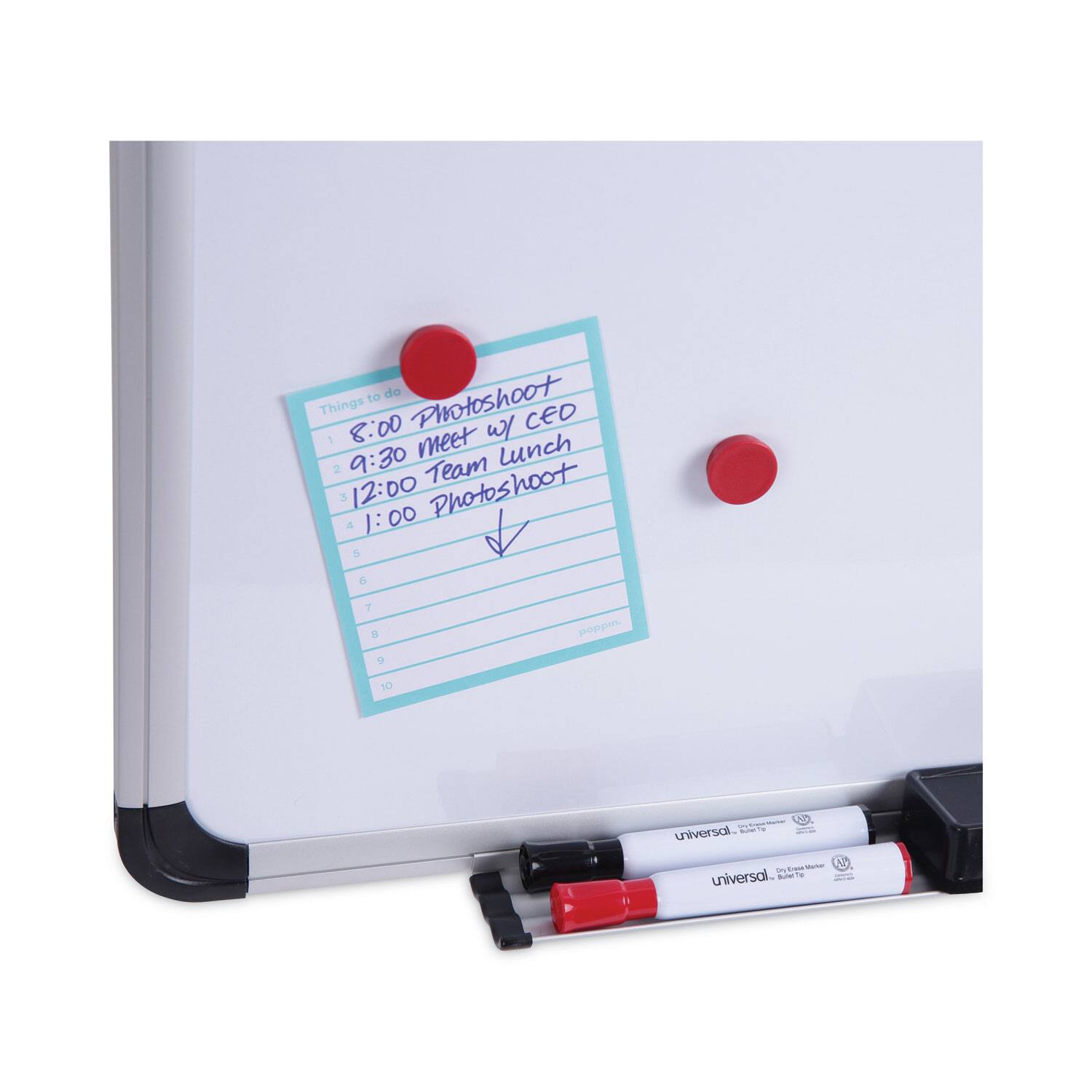 Sure, here is the corrected and grouped text:

---

**Things to do**

1. 8:00 Photoshoot
2. 9:30 Meet w/ CEO
3. 12:00 Team Lunch
4. 1:00 Photoshoot

---

**Note:** The text "universal" and "universal" with "Dry Erase Marker" and "Dry Erase Marker" are likely labels on the markers and not part of the schedule.