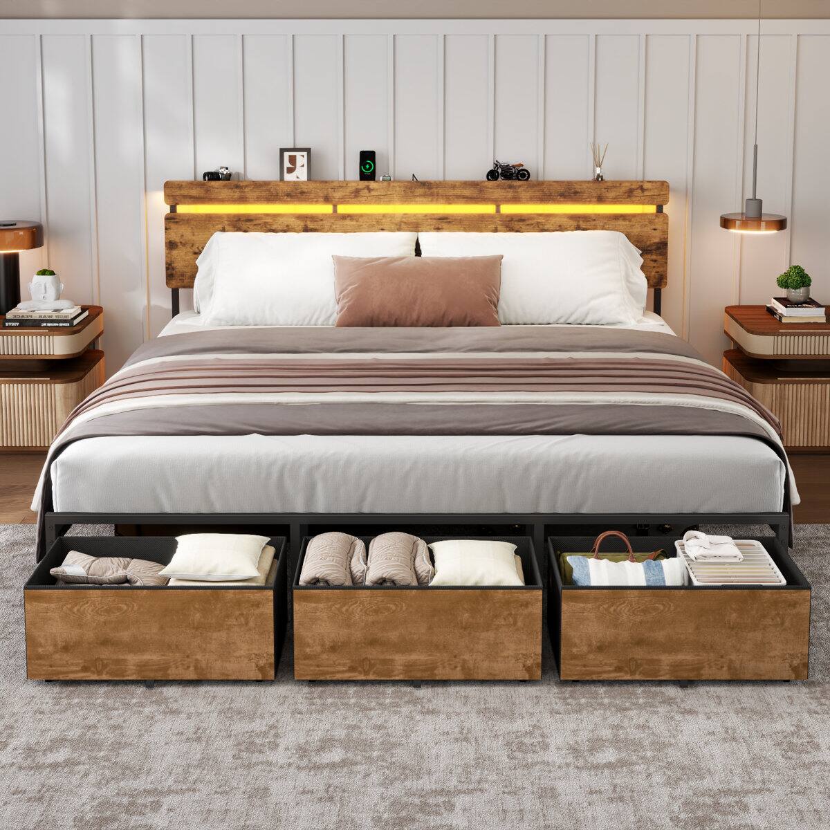 Alt View 2. Furnulem - Platform Bed with 2 Drawers and Open Storage Headboard Adjustable LED Light and Charging Station - Brown.