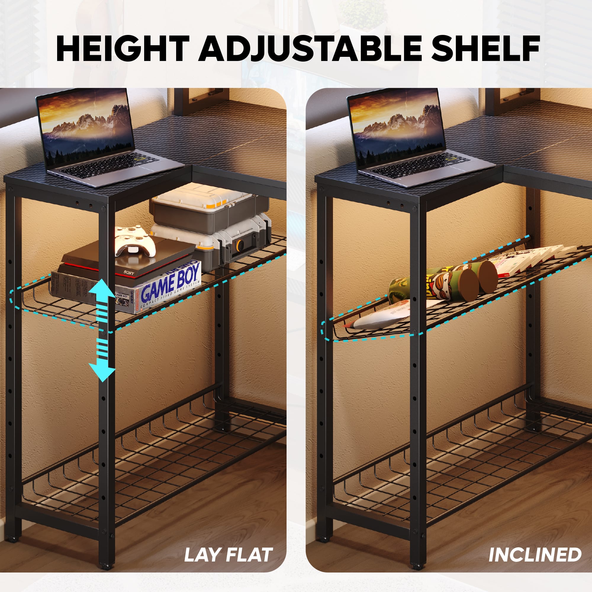 The text on the image reads "HEIGHT ADJUSTABLE SHELF SBT BOY GAME 27212N ... d. added ... LAY FLAT INCLINED." This text is describing a shelf that can be adjusted in height and is designed for storing items such as a laptop, game console, and other items. The shelf is also designed to lay flat or be inclined, depending on the user's preference.