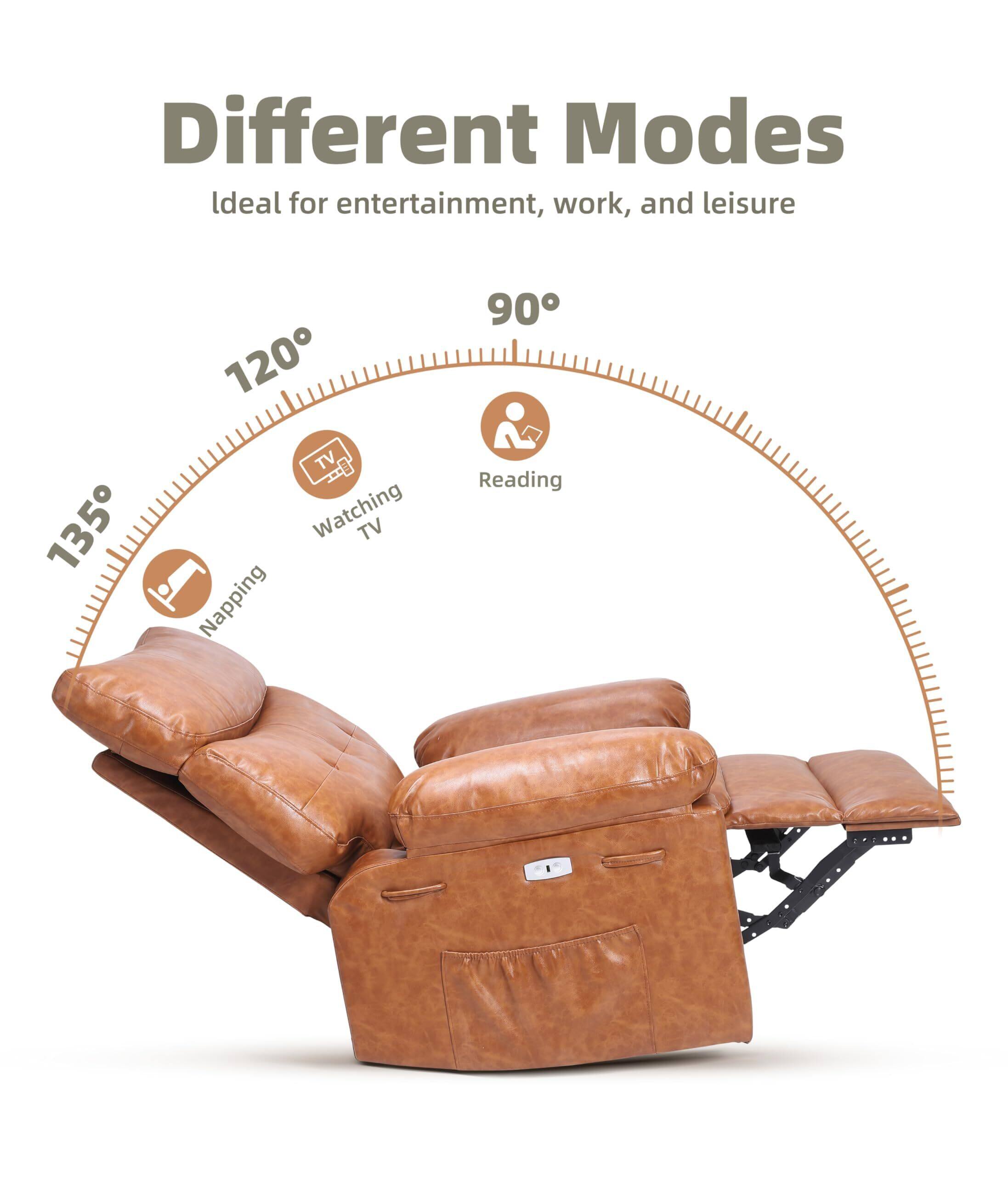 Different Modes  
Ideal for entertainment, work, and leisure  

135° - Napping  
120° - Watching TV  
90° - Reading