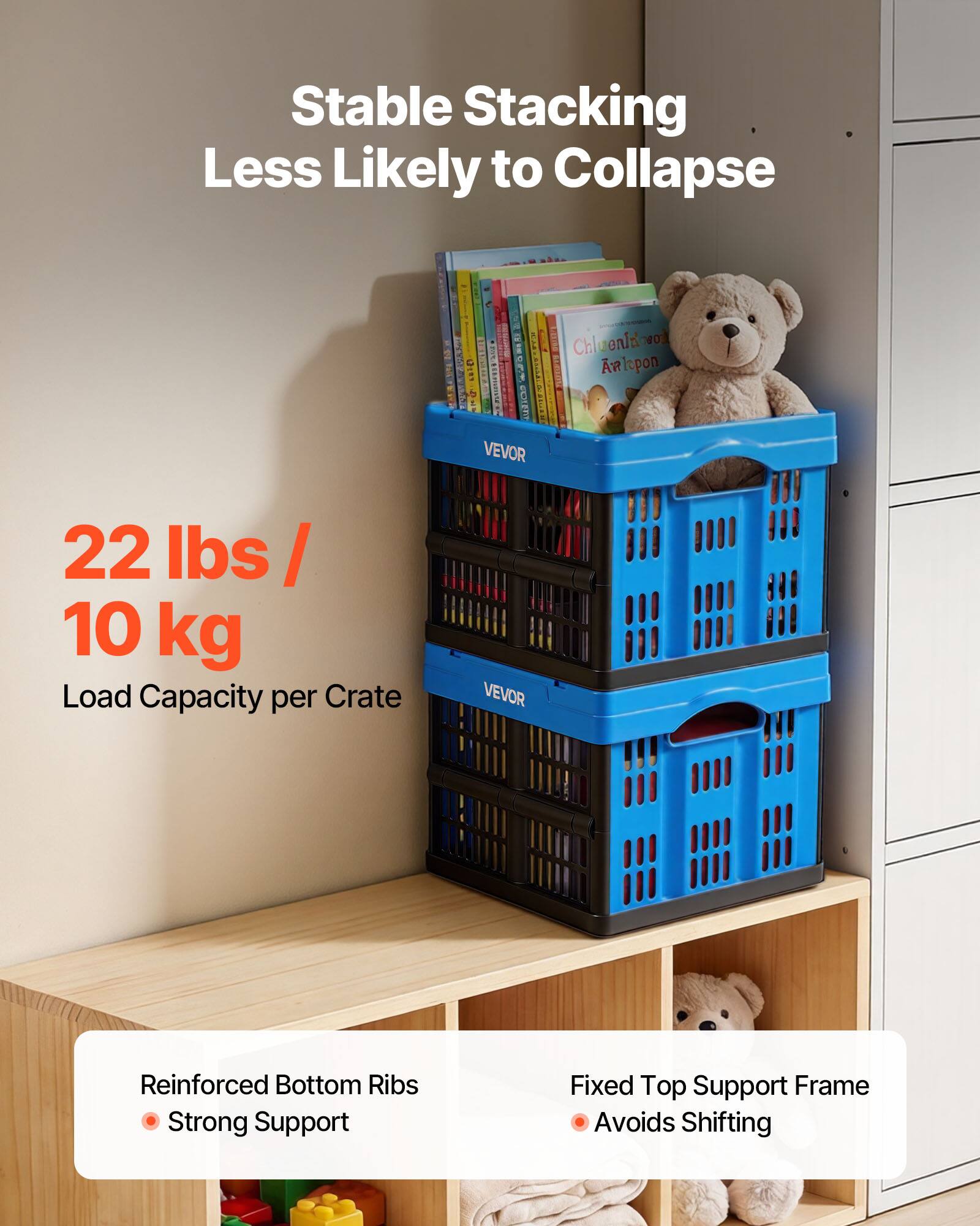 Stable Stacking Less Likely to Collapse

22 lbs / 10 kg Load Capacity per Crate

- Reinforced Bottom Ribs
  - Strong Support

- Fixed Top Support Frame
  - Avoids Shifting