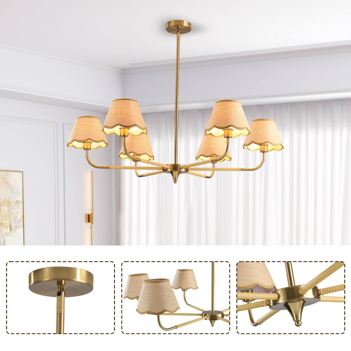 Alt View 4. Loheer - Loheer Gold Six Light Chandelier with Handwoven Rattan Shades for Dining Room.