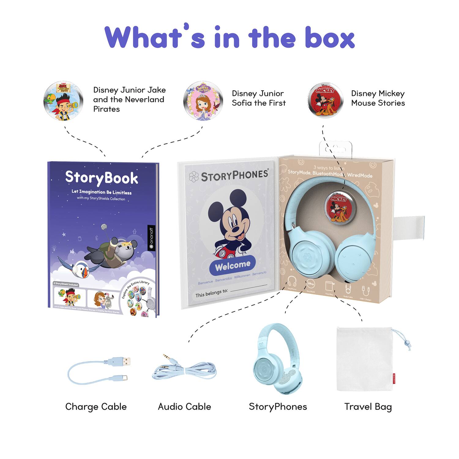 What's in the box

- Disney Junior Jake and the Neverland Pirates
- Disney Junior Sofia the First
- Disney Mickey Mouse Stories

StoryBook  
Let Imagination Be Limitless  
with my StoryShields Collection

STORYPHONES  
Welcome  
3 ways to listen: StoryMode, BluetoothMode, WiredMode

Charge Cable  
Audio Cable  
StoryPhones  
Travel Bag