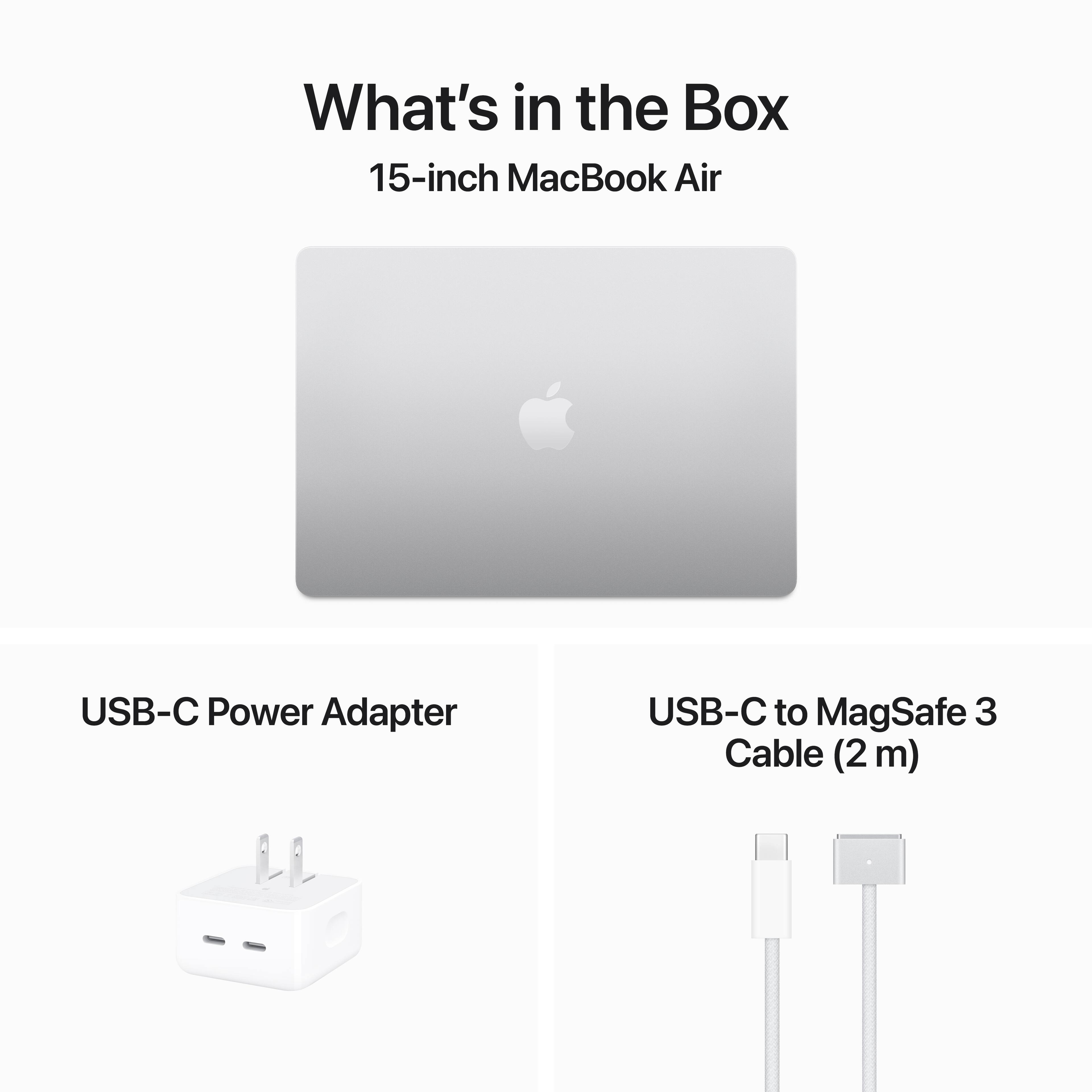 The image features a white 15-inch MacBook Air laptop computer, which comes with a USB-C Power Adapter and a USB-C to MagSafe 3 Cable. The laptop is displayed in a box, which is likely the packaging it was shipped in. The USB-C Power Adapter is designed to provide power to the laptop, while the USB-C to MagSafe 3 Cable is used for connecting peripherals or charging other devices.