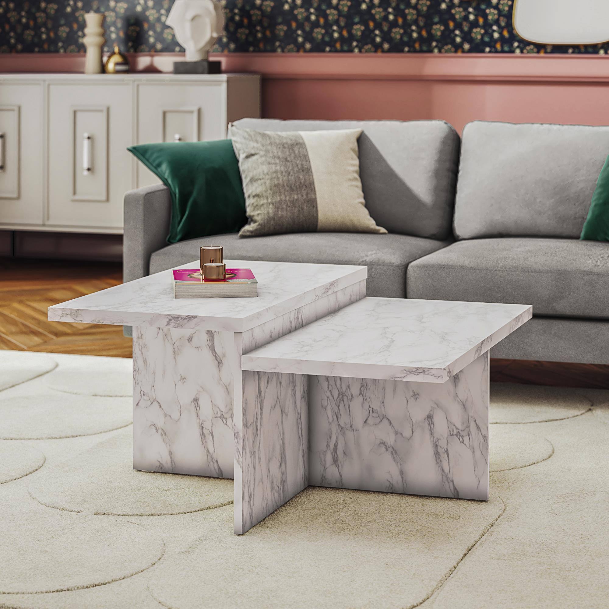 Angle. Aukfa - Two-Tiered Coffee Table - White Faux Marble, Engineered Wood, 20lb per Tier, 35.5"W x 35.3"D - White.