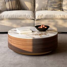 POVISON - 39" Fully Assembled Wood Modern Round Drum Sintered Stone Coffee Table with 2 Drawers - Walnut & White