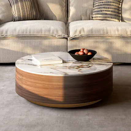 Front. POVISON - 35" Modern Fully Assembled Wood Drum Sintered Stone Round Coffee Table with 2 Drawers, Walnut & White - Walnut & White.
