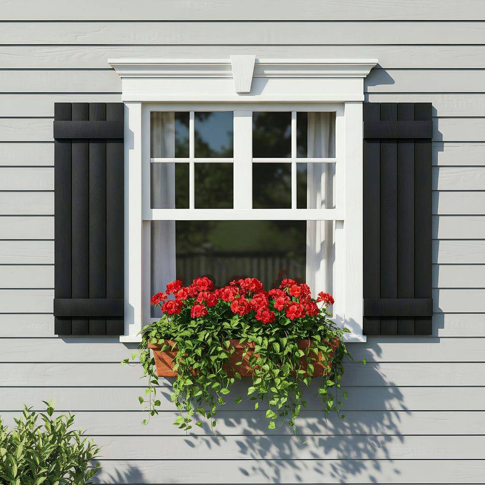 Angle. Kadyn - Classic Board & Batten Faux Shutters with 2 Horizontal Bars for Timeless and Durable Exterior Elegance, 14"x39", Black - Black.