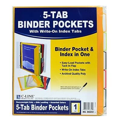 5-Tab Binder Pockets  
With Write-On Index Tabs  

Binder Pocket & Index in One  
- Easy-Load Pockets with Tuck-In Flap  
- Write-On Index Tabs  
- Archival Quality Poly  

C-Line Products  
Heavyweight Poly • Side Loading • Assorted Colors  

5-Tab Binder Pockets  
1 Set  
No. 06650