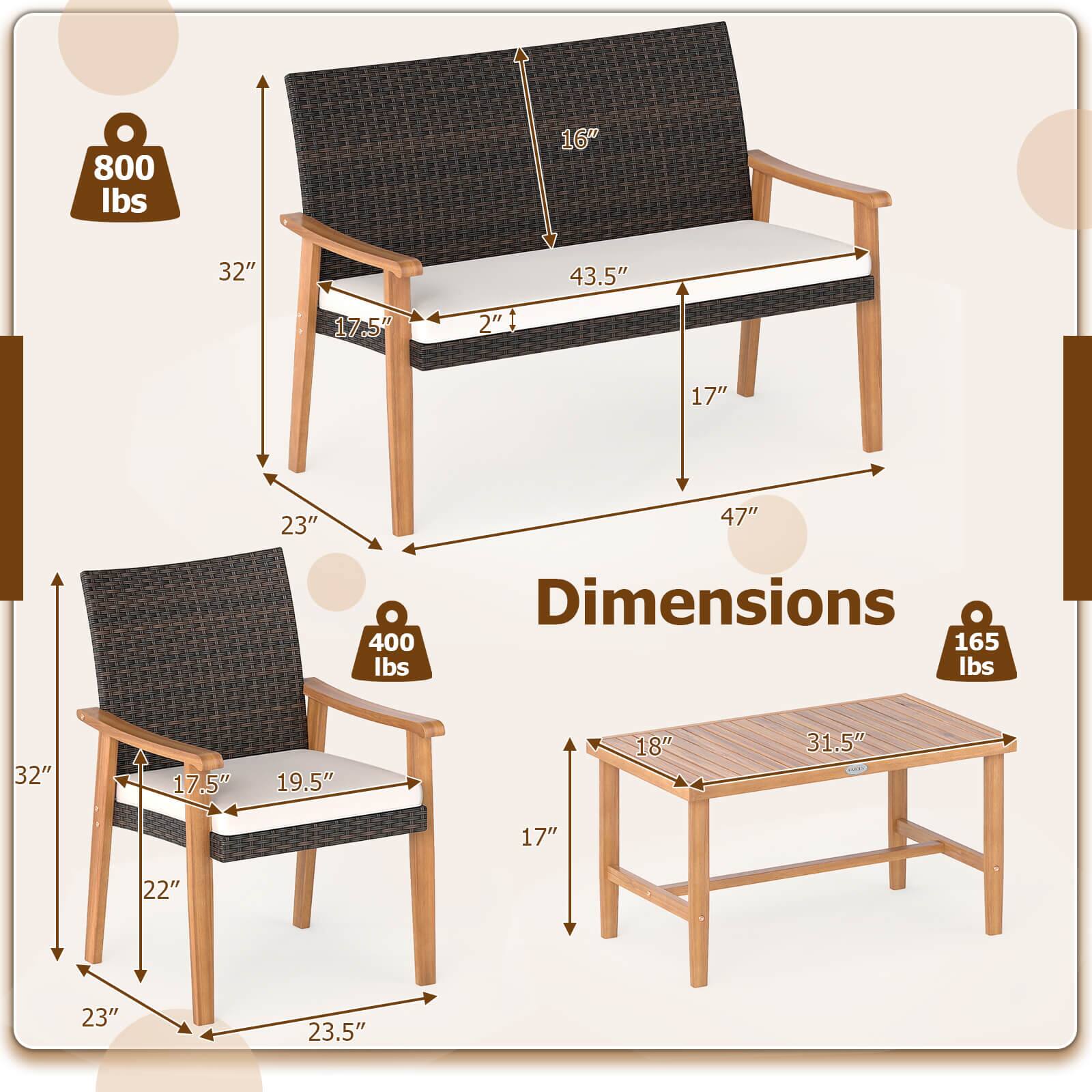 Sure, here is the corrected and grouped text from the image:

**Dimensions:**

- **Couch:**
  - Width: 32"
  - Depth: 43.5"
  - Height: 47"
  - Seat Height: 17"
  - Armrest Height: 16"
  - Seat Depth: 17.5"
  - Seat Width: 23"
  - Back Height: 32"
  - Weight Capacity: 800 lbs

- **Chair:**
  - Width: 32"
  - Depth: 19.5"
  - Height: 22"
  - Seat Height: 17"
  - Armrest Height: 17.5"
  - Seat Depth: 23.5"
  - Seat Width: 23"
  - Back Height: 32"
  - Weight Capacity: 400 lbs

- **Table:**
  - Width: 31.5"
  - Depth: 18"
  - Height: 17"
  - Weight Capacity: 165 lbs