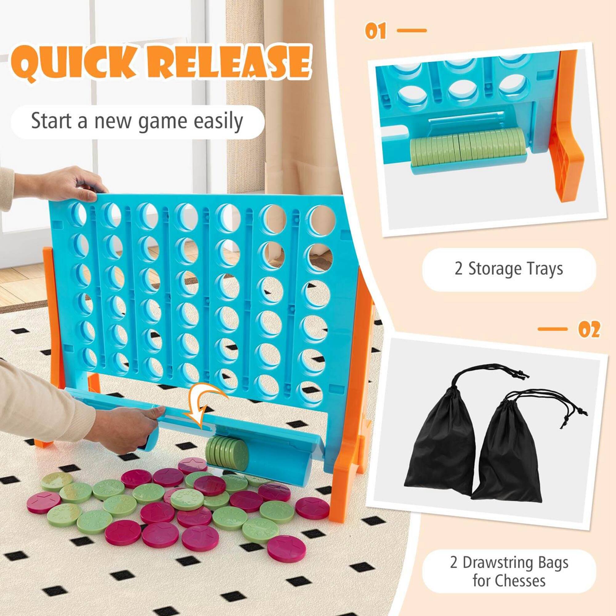 QUICK RELEASE  
Start a new game easily

01  
2 Storage Trays

02  
2 Drawstring Bags for Chesses