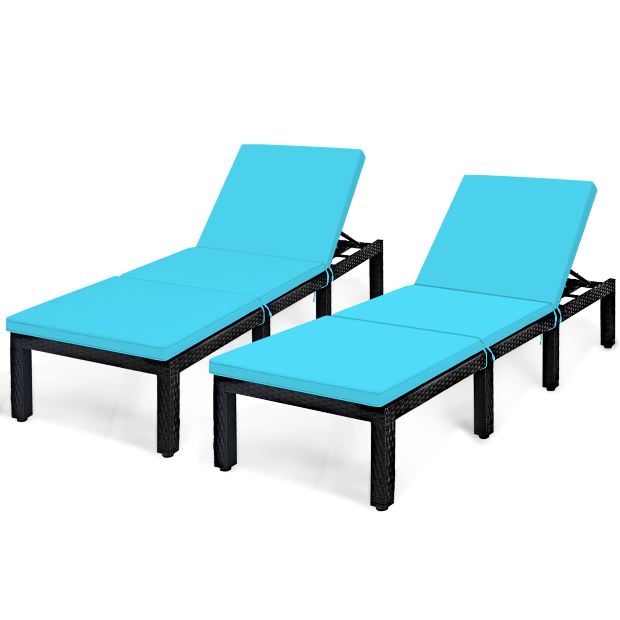 Alt View 1. Gymax - Gymax 2PCS Adjustable Rattan Patio Chaise Lounge Chair Couch w/ Turquoise Cushion - as pic.