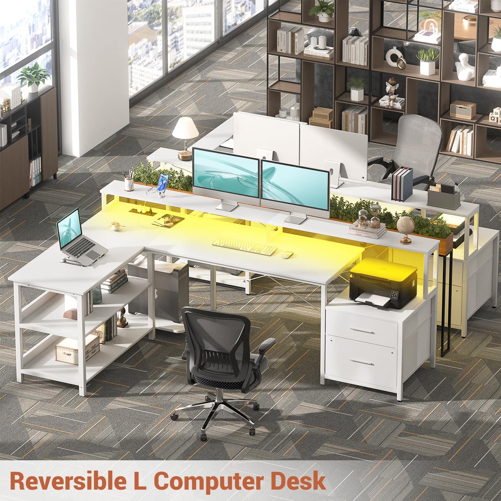 Aheaplus - Reversible L Shaped Gaming/Office Desk with Power Outlet, File Drawer, Monitor Stand, LED Strip & Storage Shelf - White