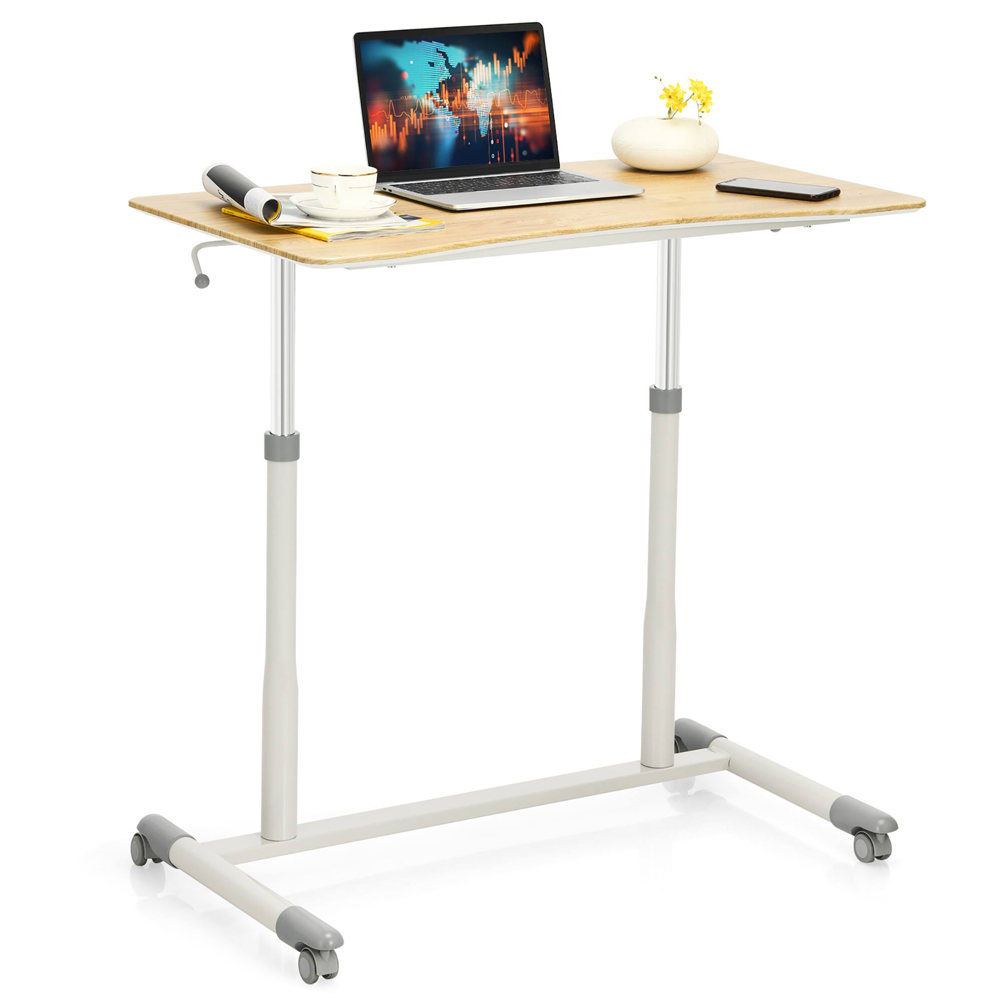 Costway - Height Adjustable Computer Desk Sit Stand Rolling Notebook Table - Natural