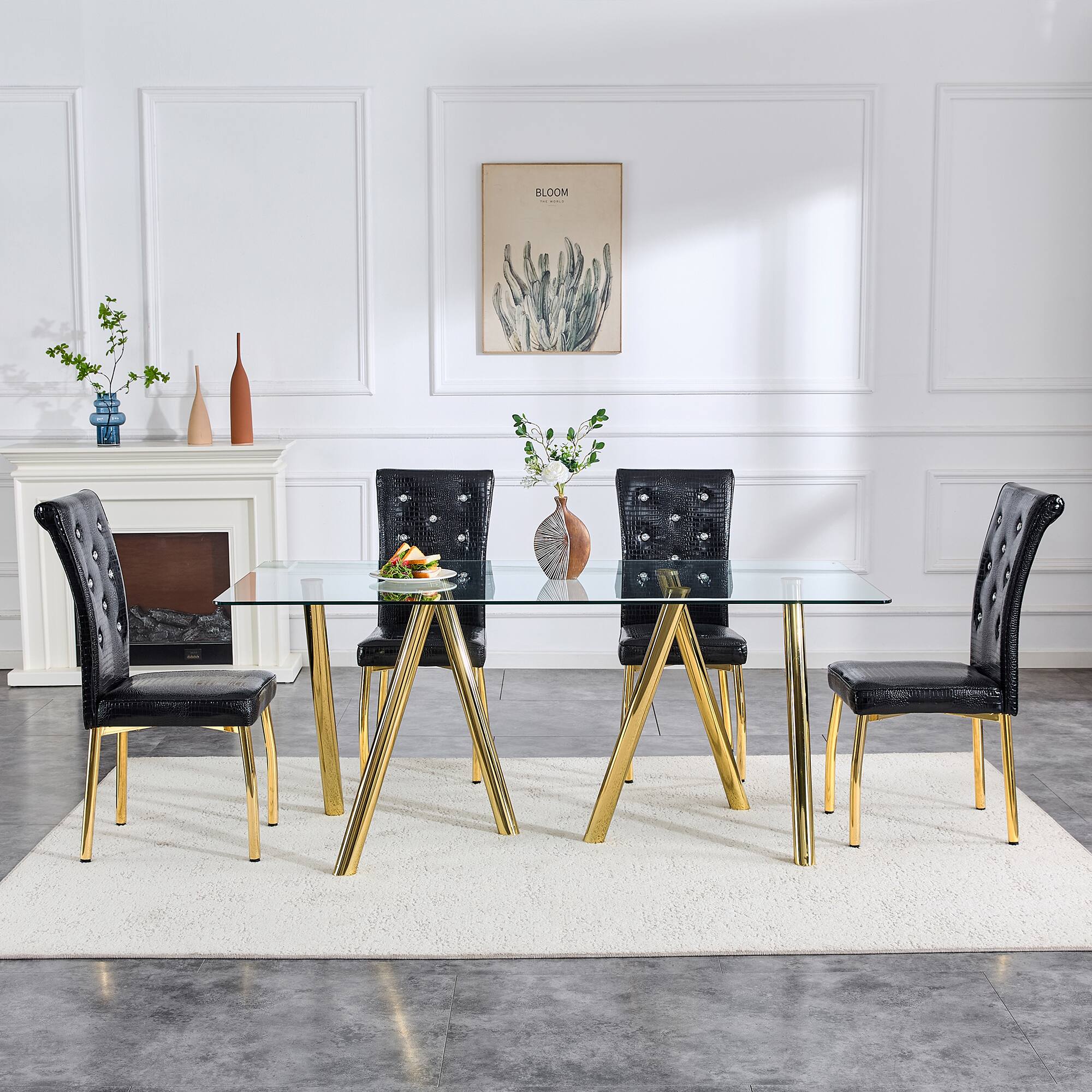 Alt View 7. Loheer - Loheer- 5.9 Ft Modern Tempered Glass Dining Table with Sturdy Metal Legs for Large Family - Gold.