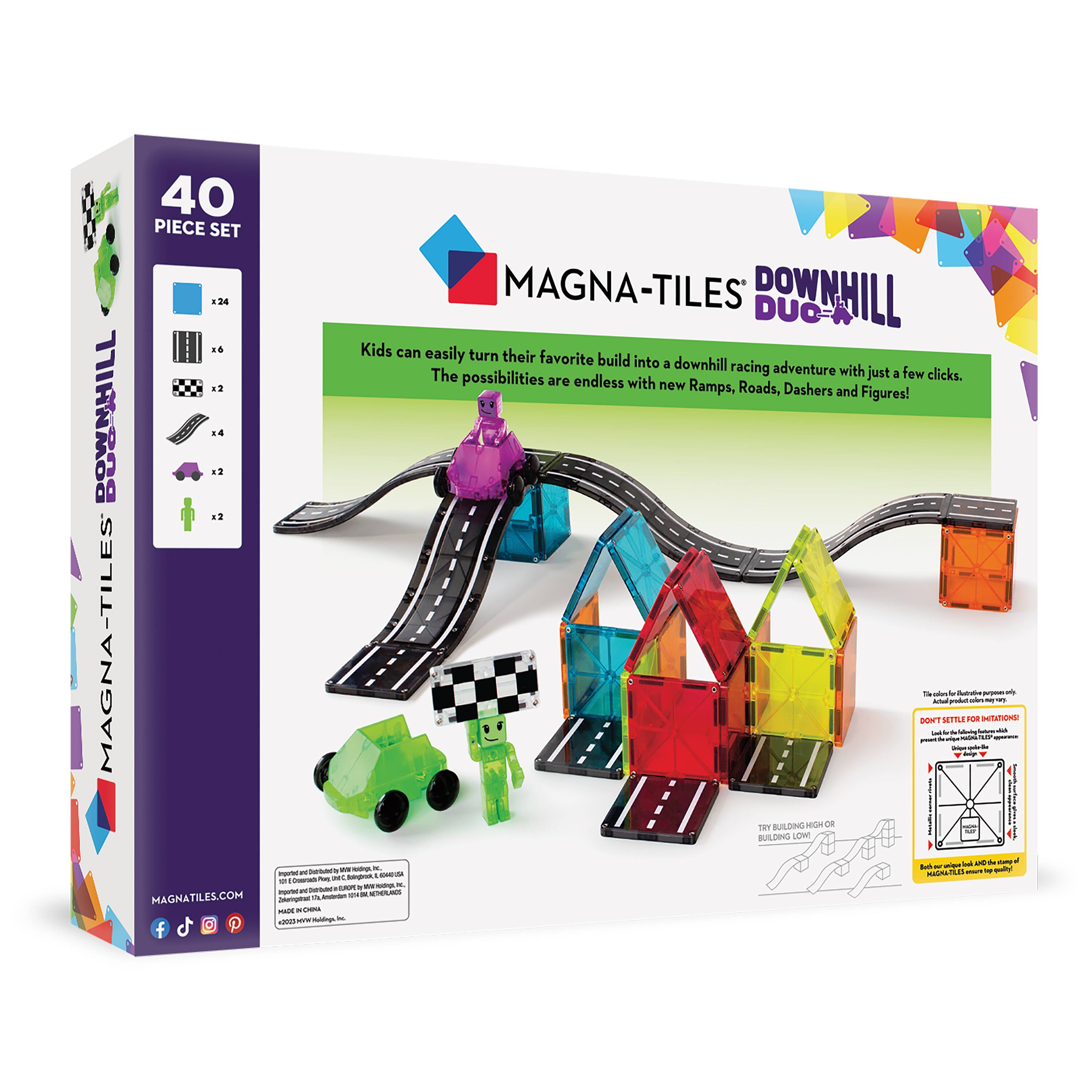 **MAGNA-TILES DOWNHILL DUCER**

**40 PIECE SET**

Kids can easily turn their favorite build into a downhill racing adventure with just a few clicks. The possibilities are endless with new Ramps, Roads, Dashers and Figures!

- 24 x Blue Squares
- 6 x Black Squares
- 2 x Checkered Squares
- 4 x Roads
- 2 x Dashers
- 2 x Figures

TRY BUILDING HIGH OR BUILDING LOW!

**MAGNATILES.COM**

**MADE IN CHINA**

**WARNING: CHOKING HAZARD - Small parts. Not for children under 3 years.**

**DO NOT SETTLE FOR LESS!**

**TRY BUILDING HIGH OR BUILDING LOW!**

**Build or use a 40 piece set of MAGNATILES to create a downhill racing track!**

**MAGNA-TILES DOWNHILL DUCER**

**Kids can easily turn their favorite build into a downhill racing adventure with just a few clicks. The possibilities are endless with new Ramps, Roads, Dashers and Figures!**

**MAGNATILES.COM**

**MADE IN CHINA**

**WARNING:
