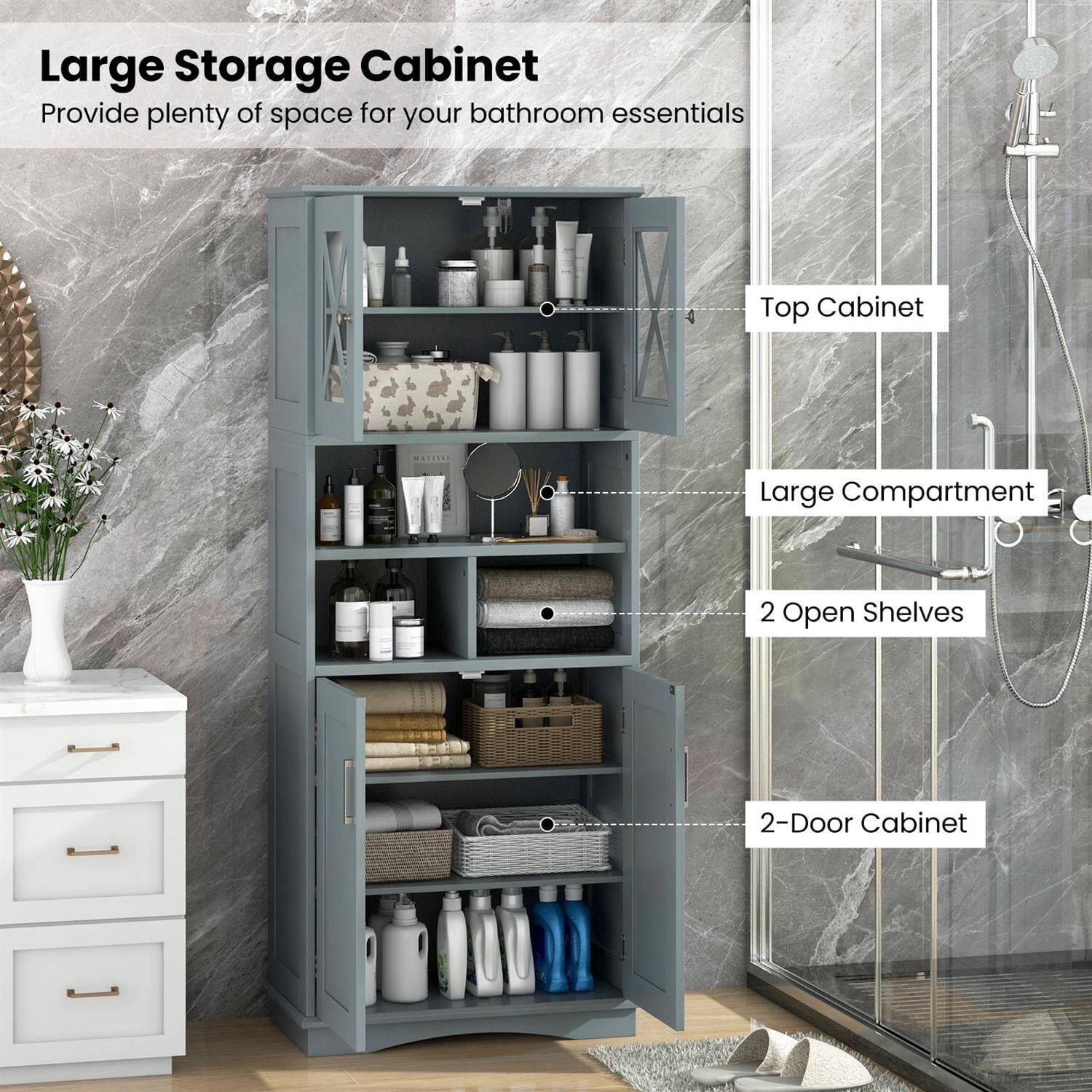 Large Storage Cabinet  
Provide plenty of space for your bathroom essentials  

- Top Cabinet  
- Large Compartment  
- 2 Open Shelves  
- 2-Door Cabinet