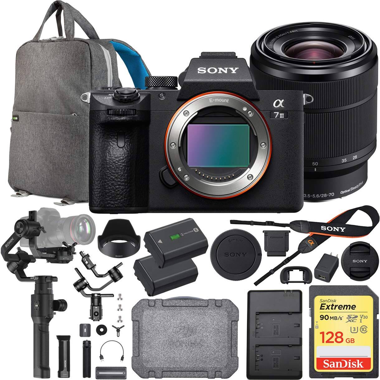 Sure, here is the corrected and grouped text from the image:

---

**Camera:**
- SONY
- α7 III
- E-mount

**Lens:**
- SONY
- 3.5-5.6/28-70
- SteadyShot

**Accessories:**
- RONIN
- SONY
- SanDisk Extreme
- 90 MB/s V30
- 128 GB

**Other Items:**
- SONY
- E-mount
- SONY
- SONY
- SONY

---

This groups the text into categories for clarity.