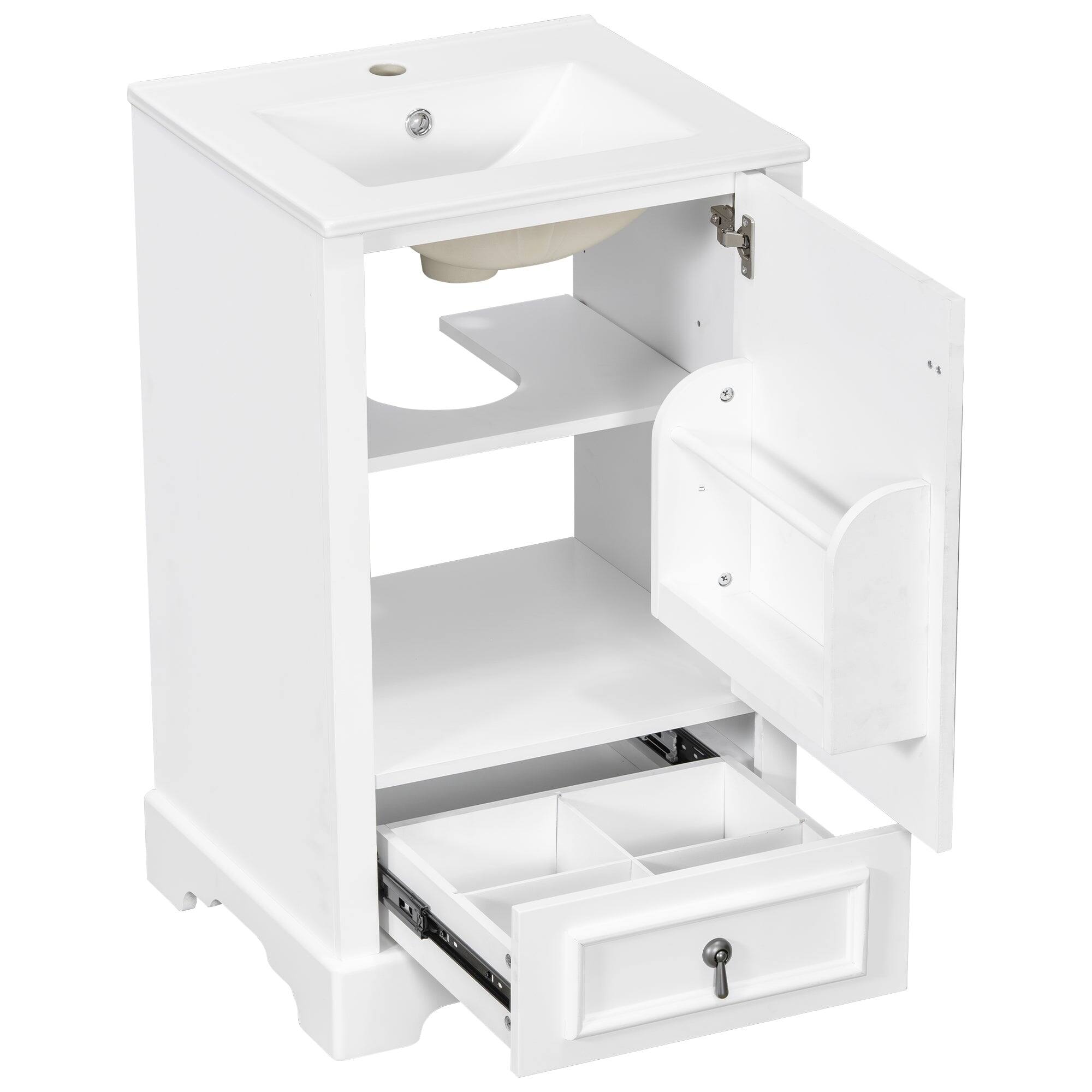 Back. Boyel Living - 20 Inch White Bathroom Vanity with Ceramic Sink Soft Close Door Drawer Adjustable U-Shaped Shelf Door Storage Rack - White.