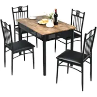 Costway 5PCS Dining Set Metal Table & 4 Chairs Kitchen Breakfast Furniture - Black - Front_Zoom