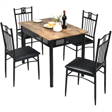 Front. Costway - 5PCS Dining Set Metal Table & 4 Chairs Kitchen Breakfast Furniture Black - Black.