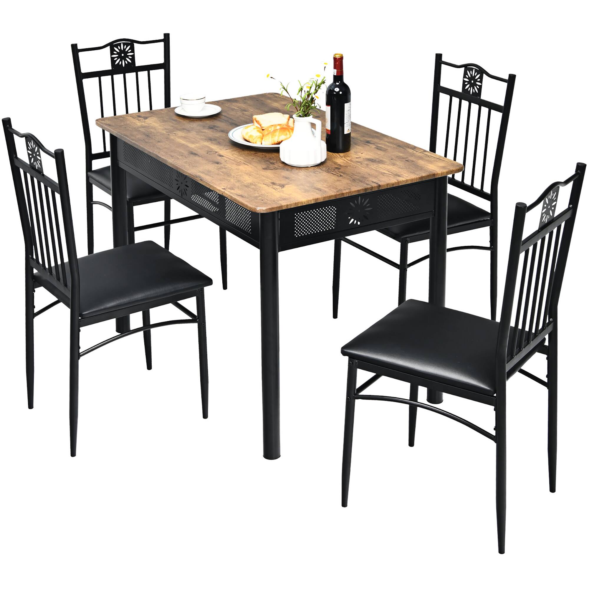 Costway - 5PCS Dining Set Metal Table & 4 Chairs Kitchen Breakfast Furniture - Black