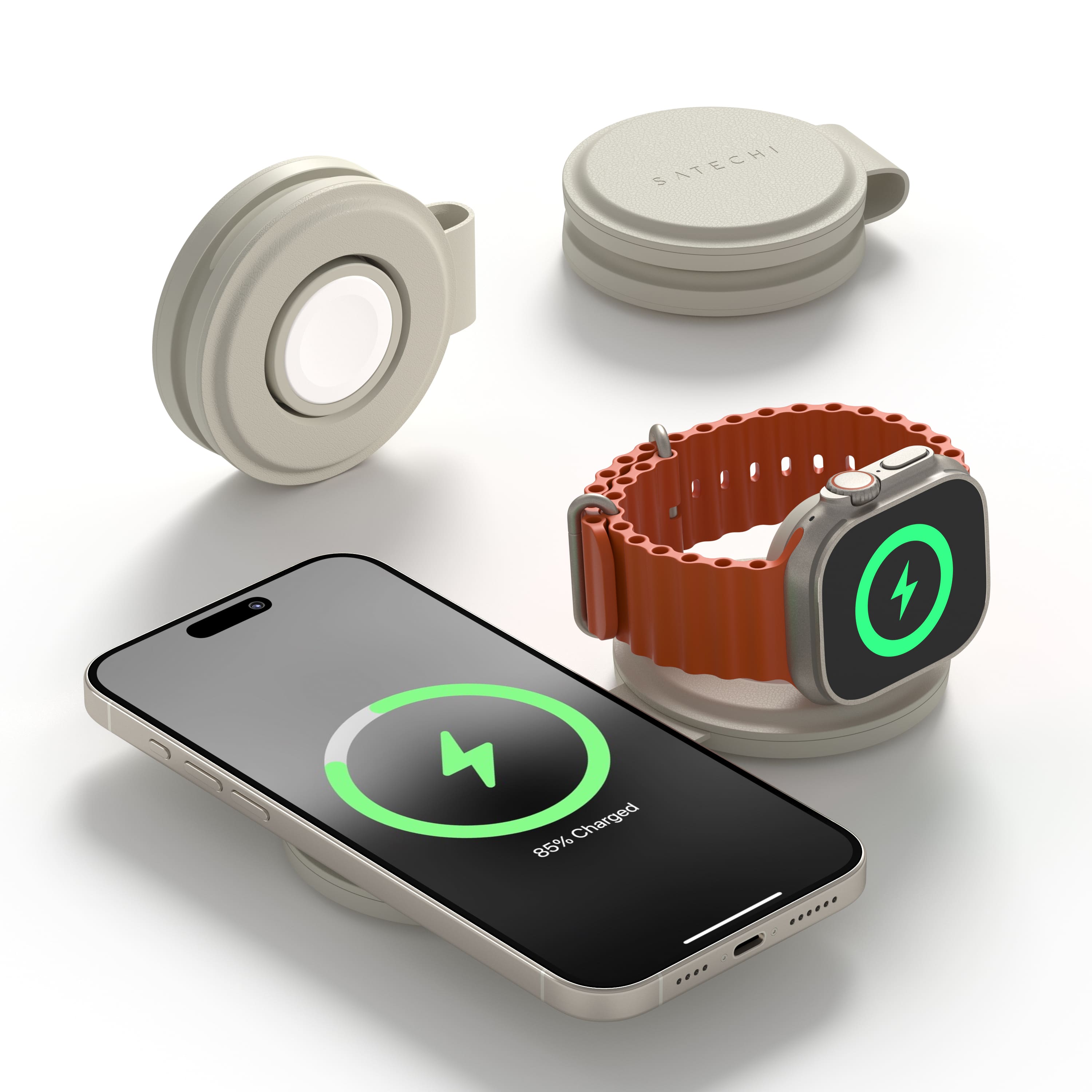 Satechi - OntheGo™ 2-in-1 WIRELESS CHARGER, Qi2 MagSafe Compatible Charger, Works with iPhone, Apple Watch, Airpods - Sand