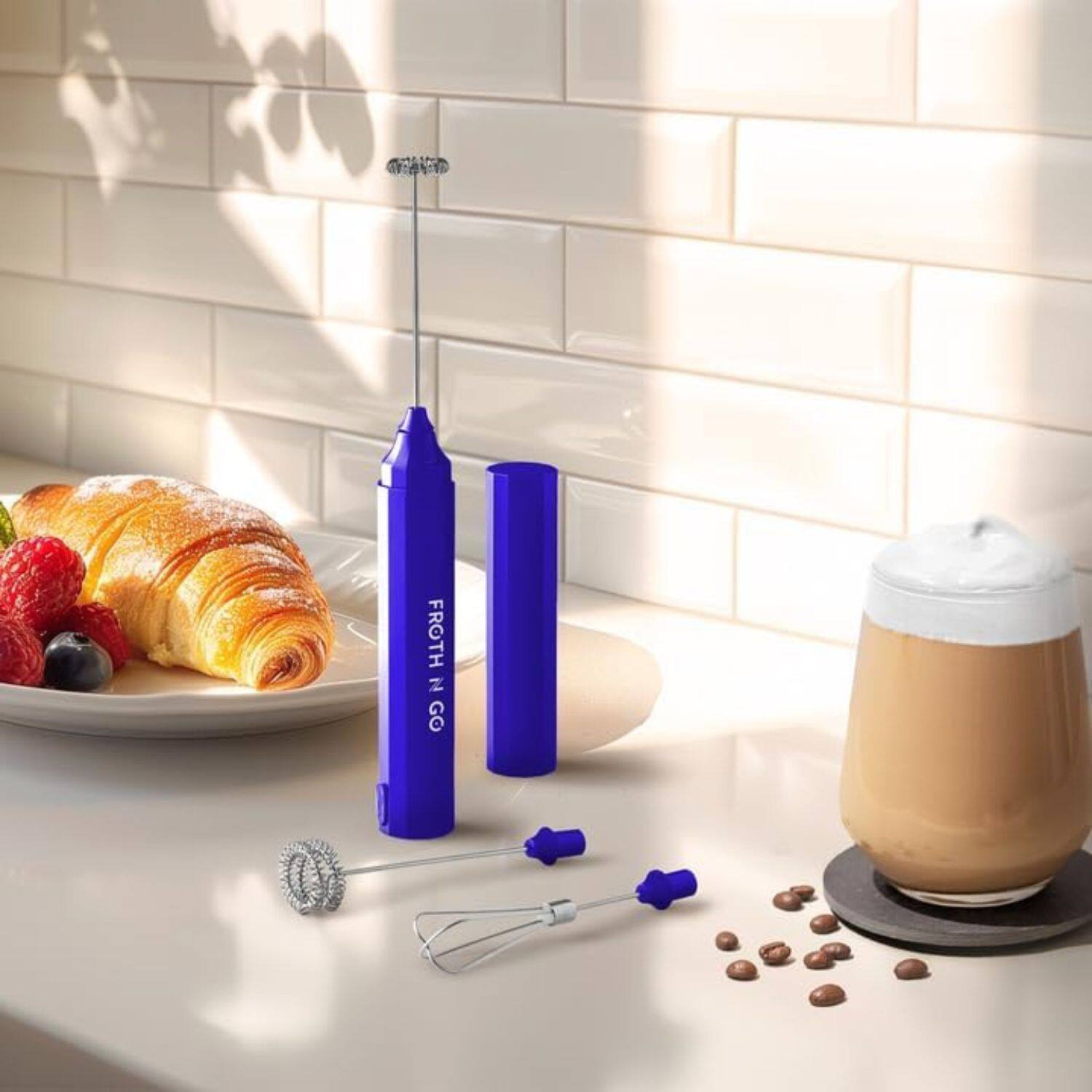 Angle. Zulay Kitchen - Zulay Kitchen 3-in-1  Froth N Go Milk Frother Rechargeable - Comes with 3 Whisk Attachments - Royal Blue.