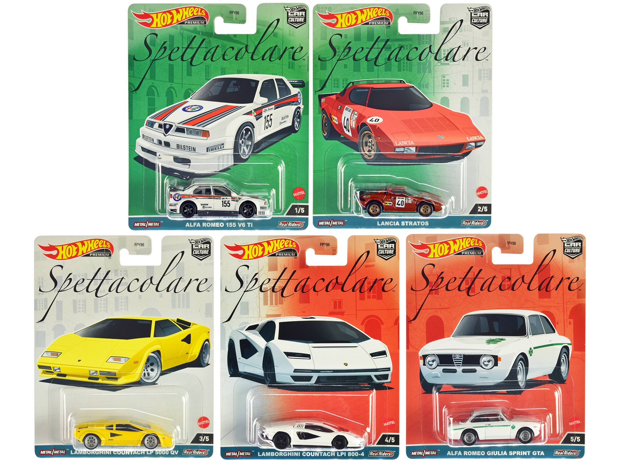 Sure, here is the corrected and grouped text from the image:

---

**Hot Wheels Premium Spettacolare**

1. **ALFA ROMEO 155 V6 TI**
   - 1/5
   - METAL/METAL
   - Real Riders

2. **LANCIA STRATOS**
   - 2/5
   - METAL/METAL
   - Real Riders

3. **LAMBORGHINI COUNTACH LP 5000 QV**
   - 3/5
   - METAL/METAL
   - Real Riders

4. **LAMBORGHINI COUNTACH LPI 800-4**
   - 4/5
   - METAL/METAL
   - Real Riders

5. **ALFA ROMEO GIULIA SPRINT GTA**
   - 5/5
   - METAL/METAL
   - Real Riders

---

**Hot Wheels Premium Spettacolare**

1. **ALFA ROMEO 155 V6 TI**
   - 1/5
   - METAL/METAL
   - Real Riders

2. **LANCIA STRATOS**
  