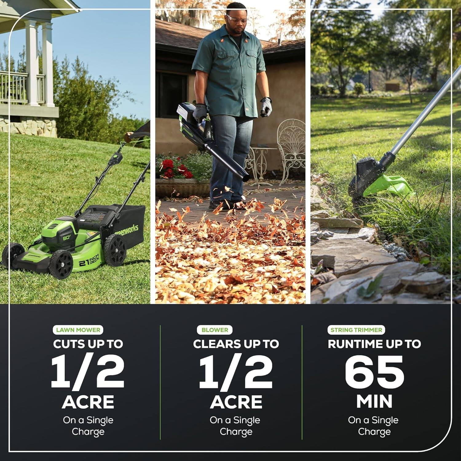 - **Lawn Mower:** Cuts up to 1/2 Acre on a Single Charge
- **Blower:** Clears up to 1/2 Acre on a Single Charge
- **String Trimmer:** Runtime up to 65 Min on a Single Charge