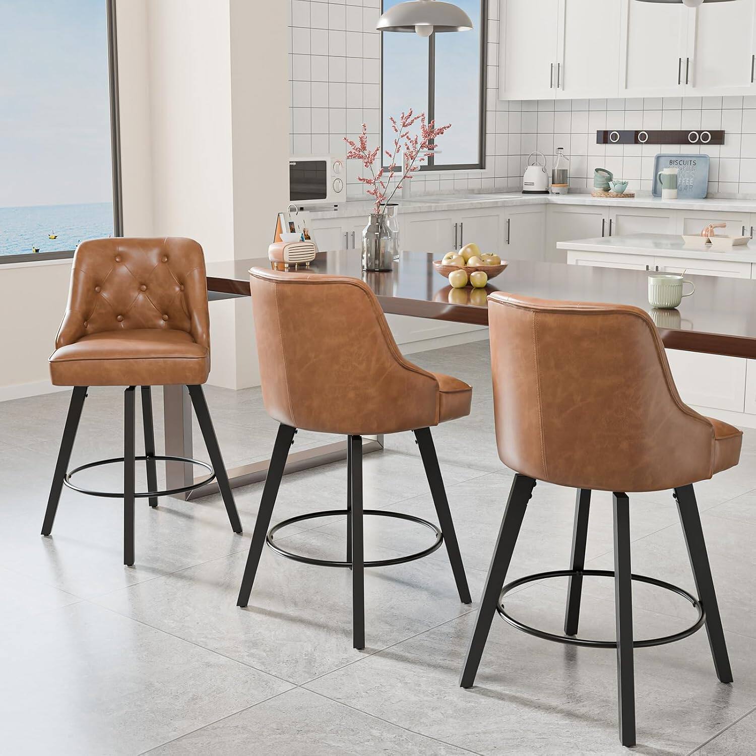 Alt View 5. Winado - 26" H Swivel Barstools Upholstered Counter Stool with Back Kitchen High Chairs Counter Height Bar Stools with Cushion - Brown Pu-Set of 4.