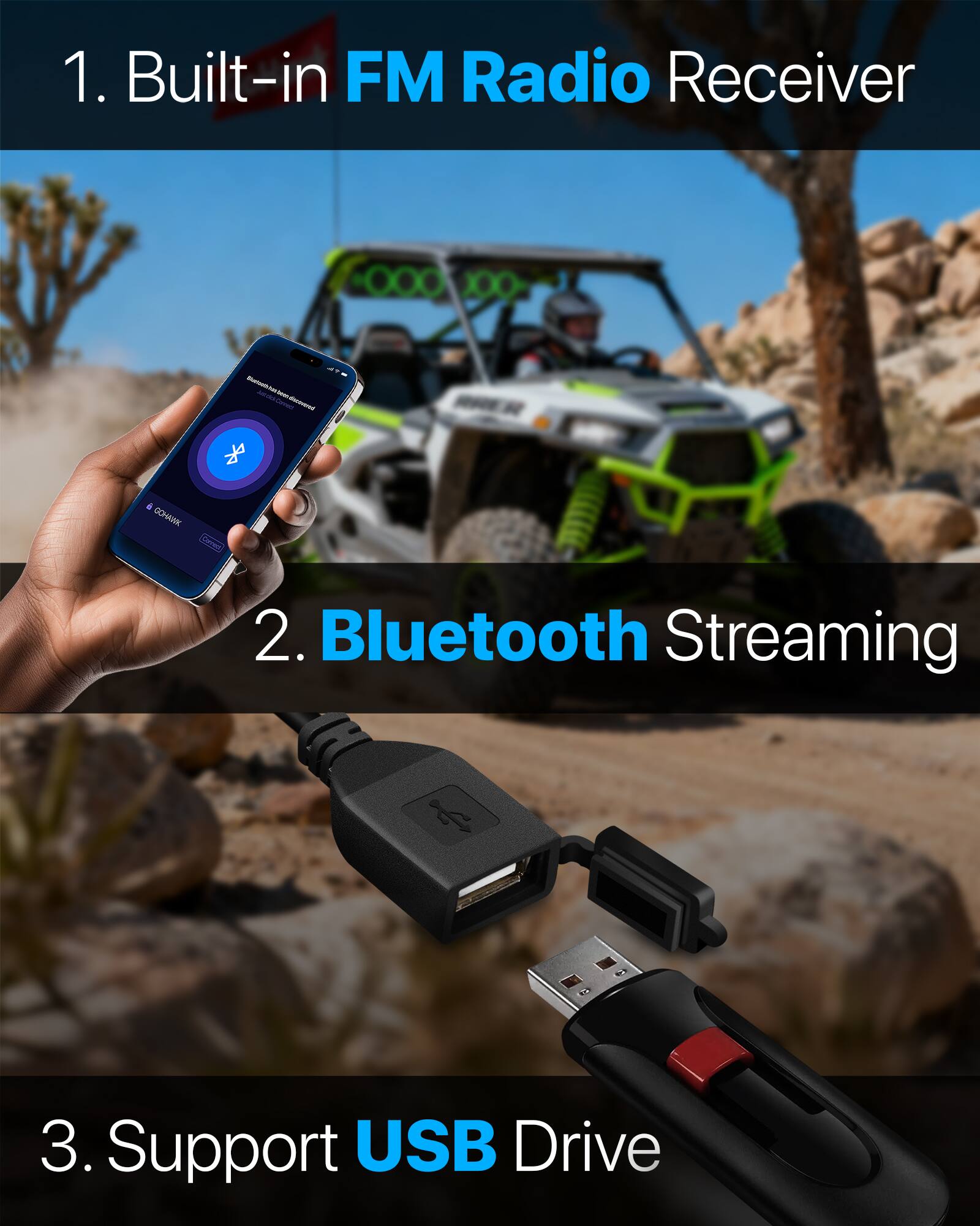 1. Built-in FM Radio Receiver
2. Bluetooth Streaming
3. Support USB Drive