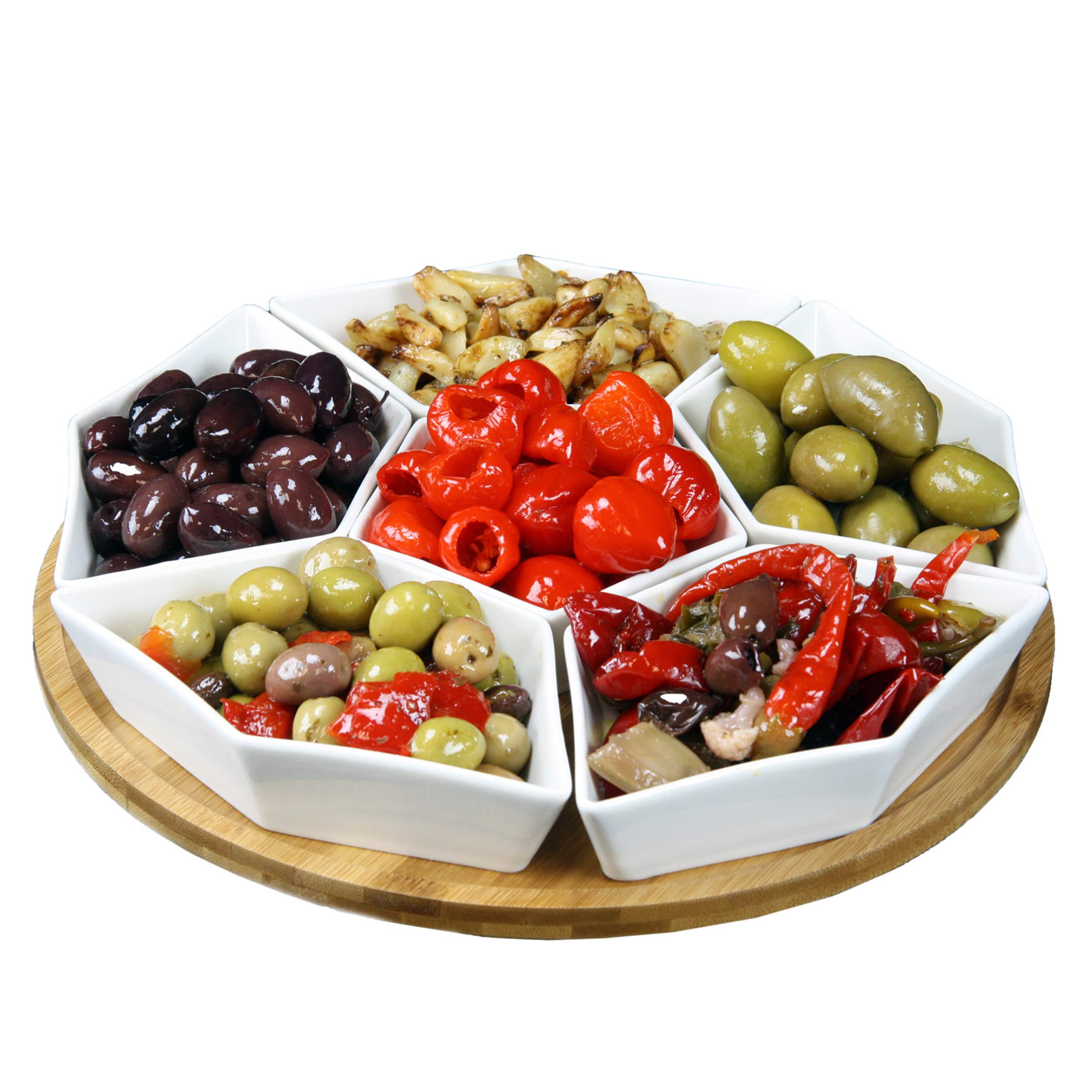 Elama - Signature 12 Inch 7-Piece Condiment Server Set with a Bamboo Lazy Suzan Serving Tray - Brown