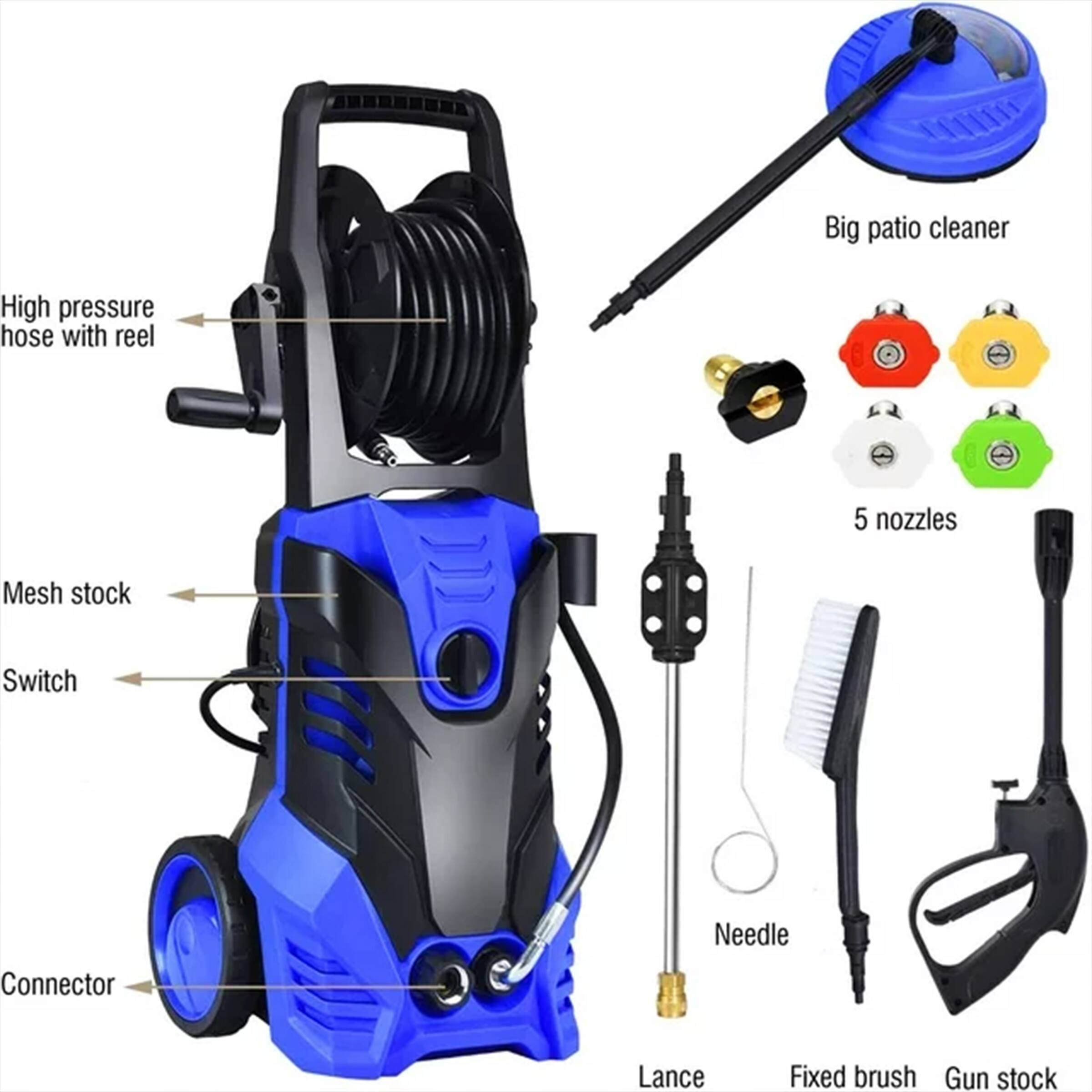 Big patio cleaner, High pressure hose with reel, 5 nozzles, Mesh stock, Switch, Connector, Needle, Lance, Fixed brush, Gun stock