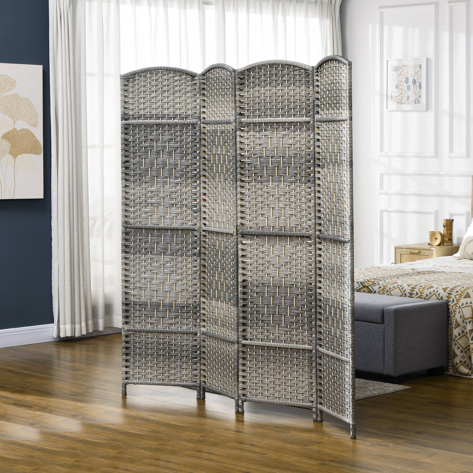 Alt View 1. Homcom - 4 Panel Room Divider, 6' Tall Folding Privacy Screen, Hand-Woven Freestanding Wall Partition for Home Office, Bedroom - Mixed Gray.